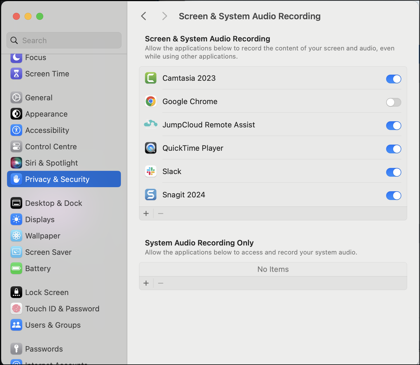 Image of macOS System Settings with Privacy and Screen Recording enabling options