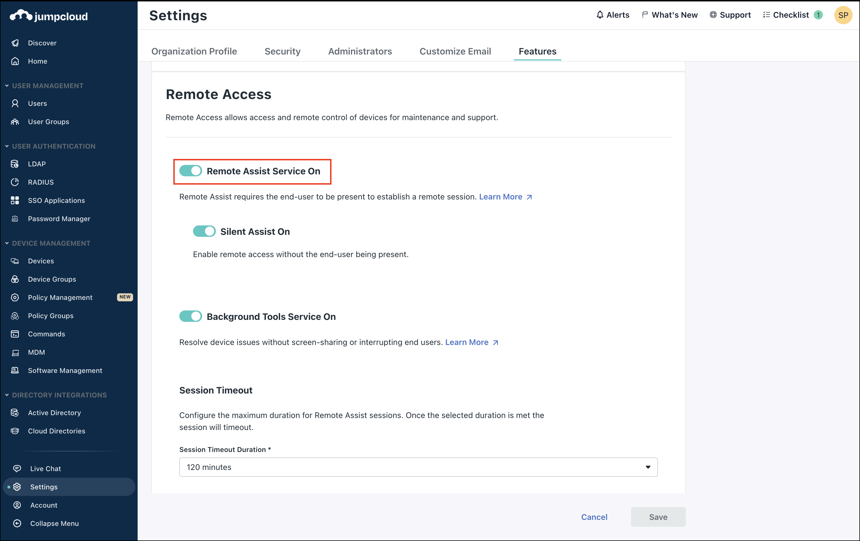 Image of Features window with Remote Assist feature enabled