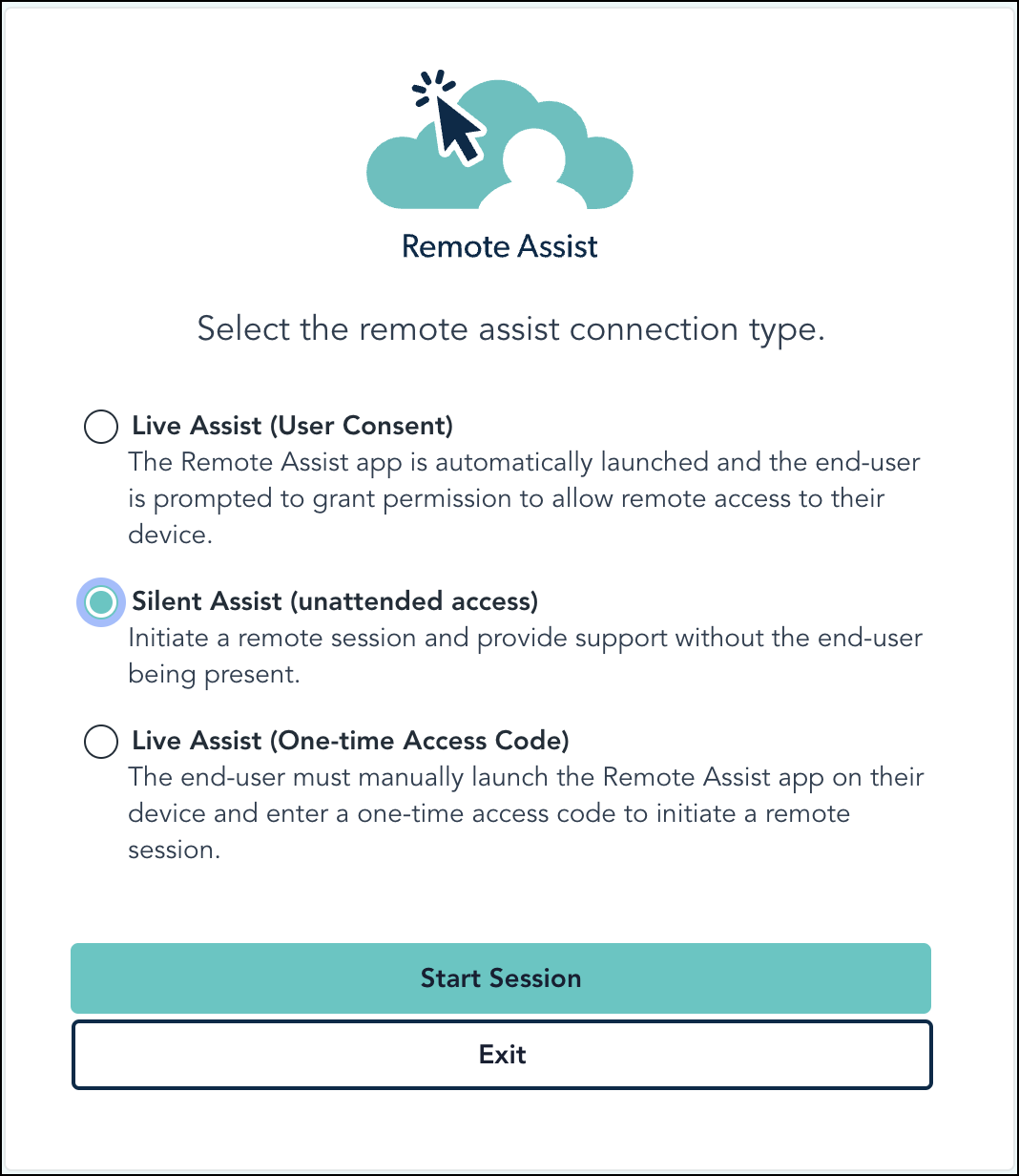 Image of the Remote Assist popup with Silent Assist selected