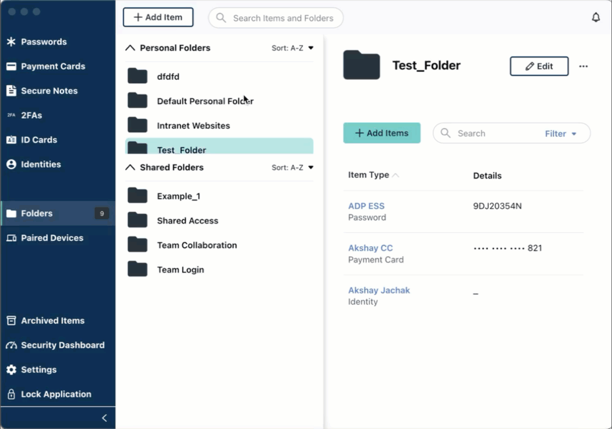 A compilation of images displaying the process to add a shared folder in password manager app