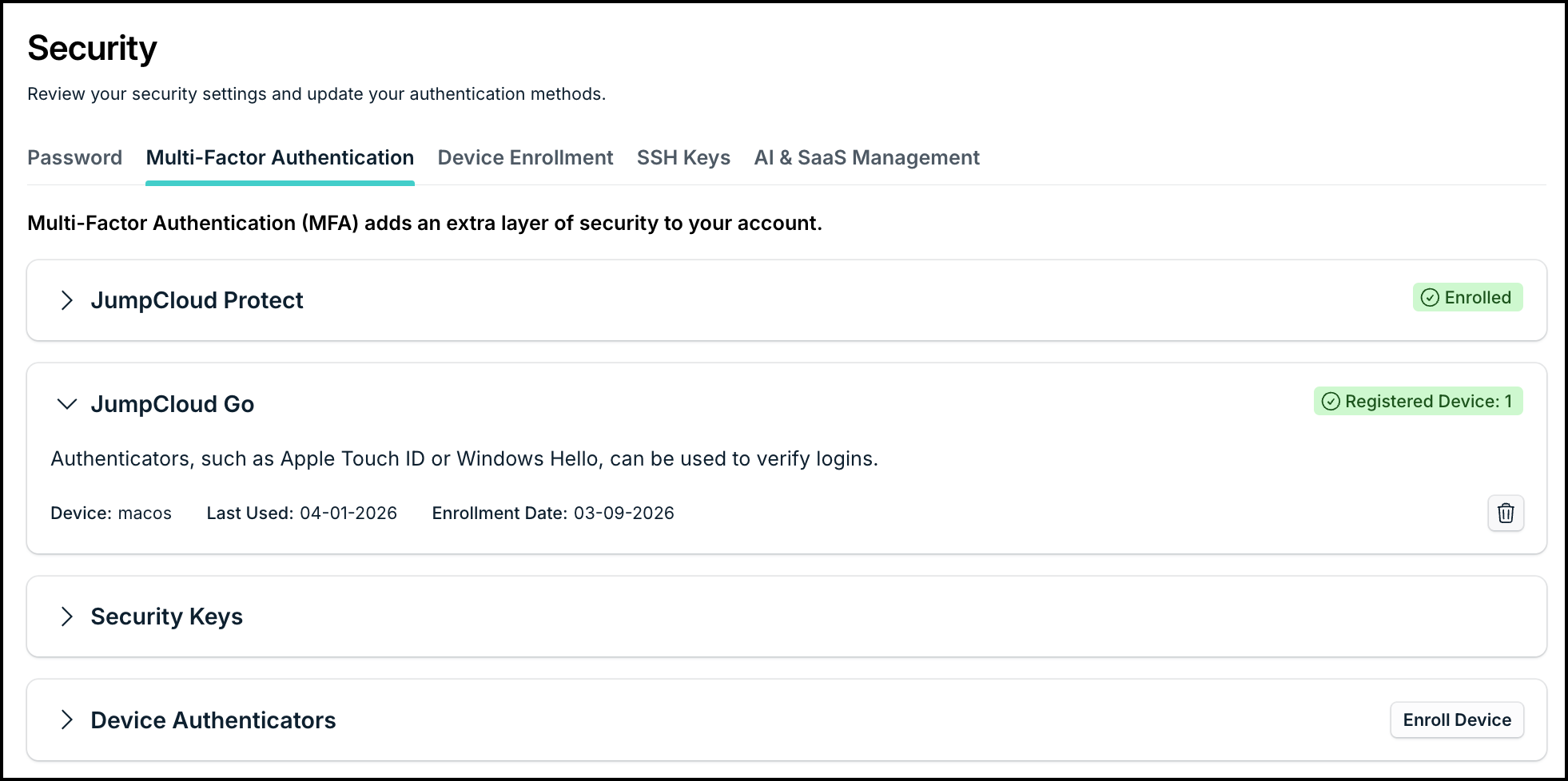 this image displays JumpCloud Go options in MFA tab of Security.
