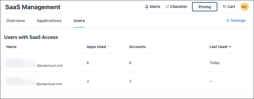 SaaS Management Users tab in the JumpCloud Admin Portal. 