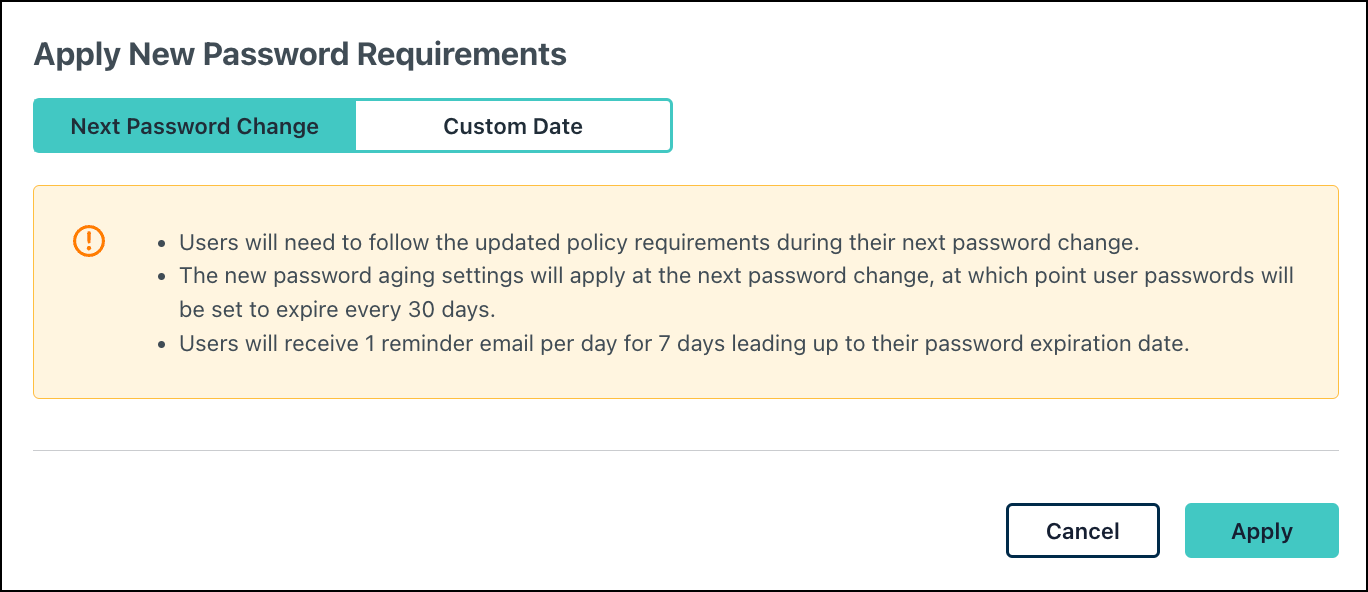 modal for saving new password aging settings