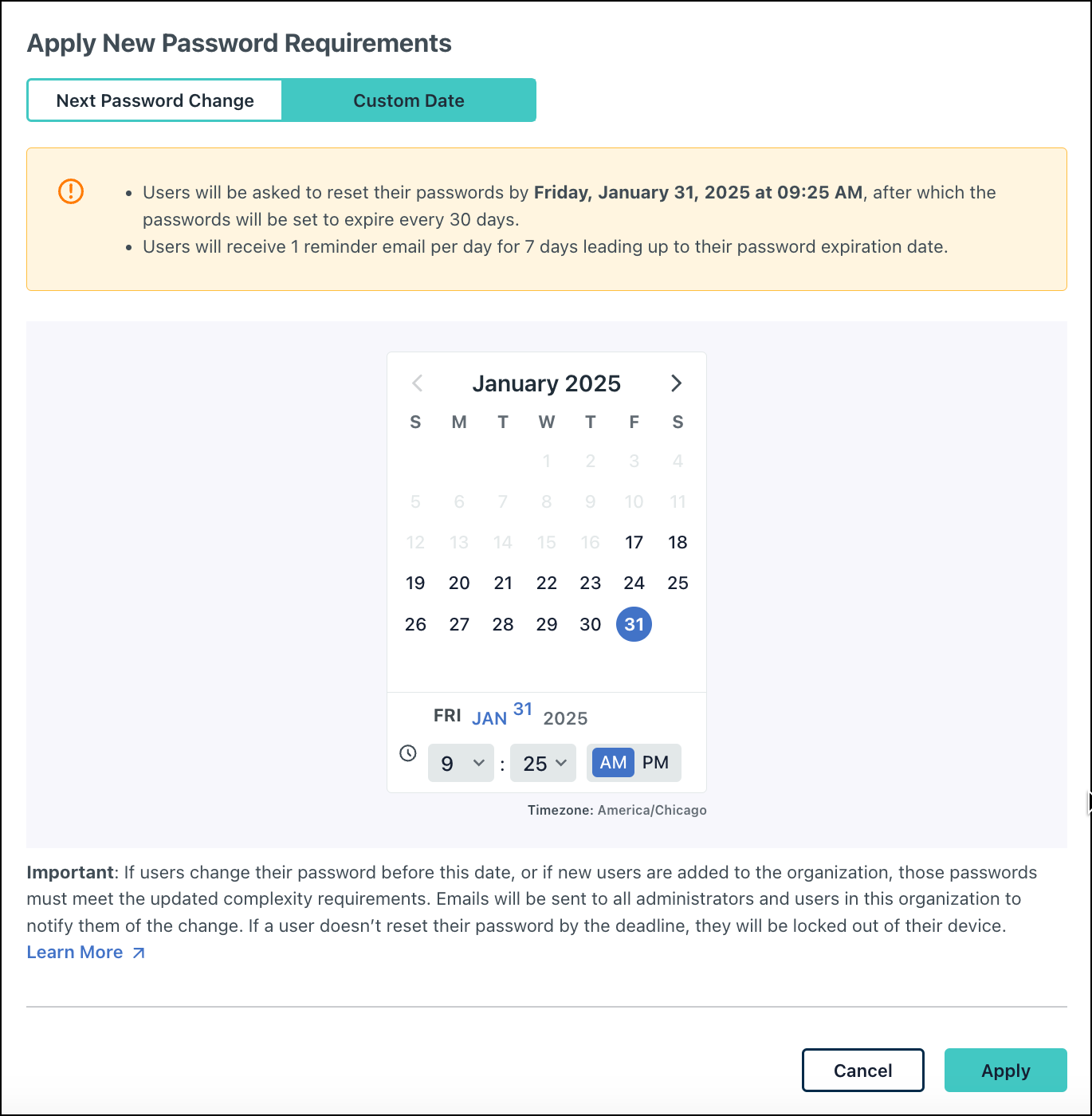 picking a custom date for implementing password aging setting