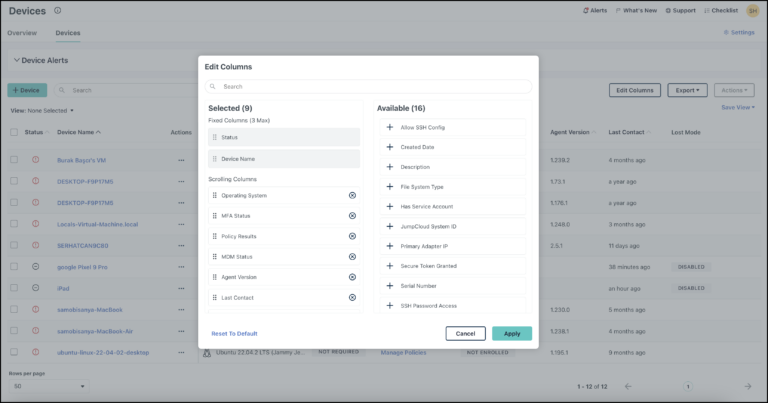 Admin Portal Devices List - JumpCloud