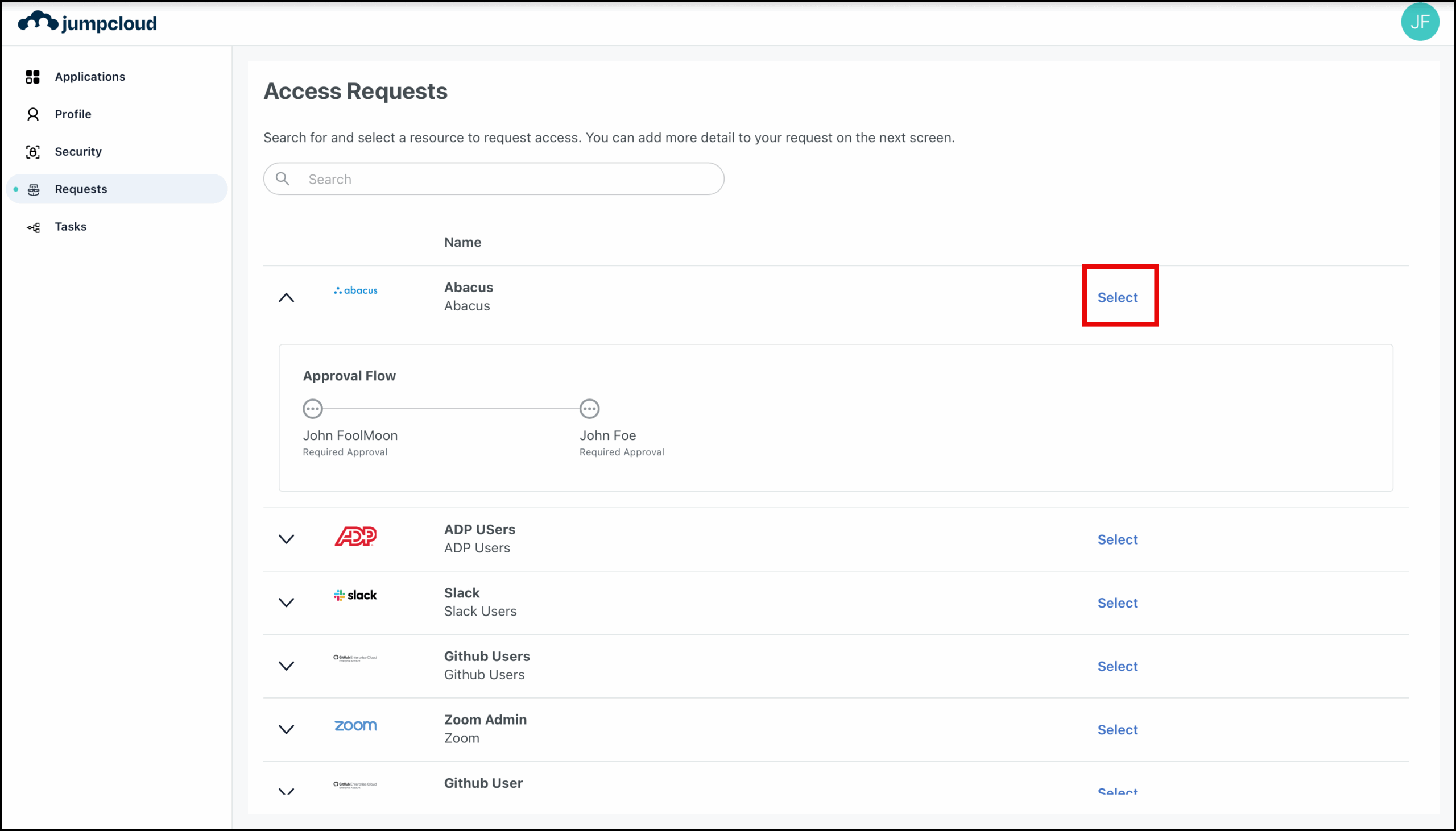 Image displays the Access Requests page in User Portal