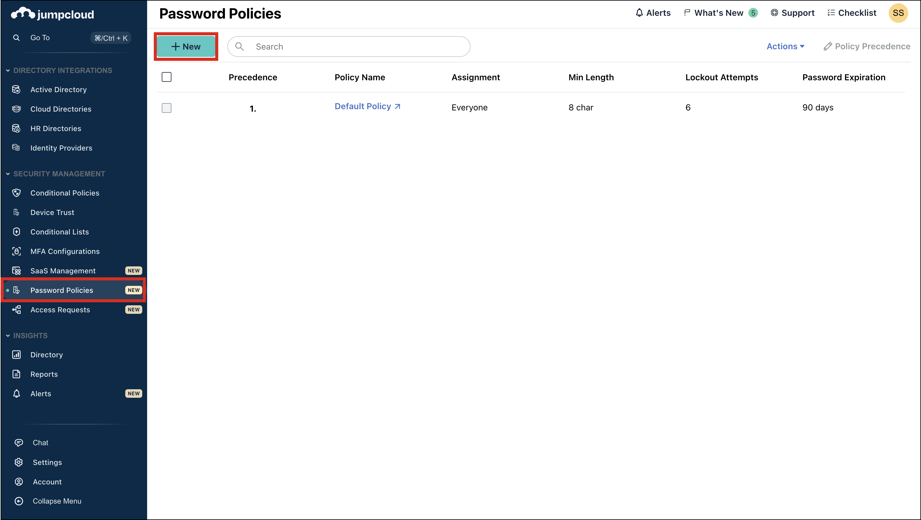 Image of Password Policies UI with New button highlighted.