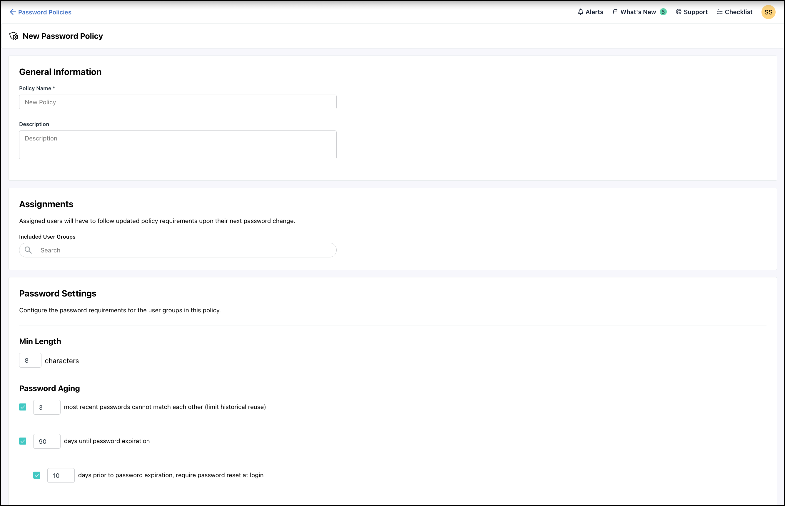 Image displays the window to create new password policies
