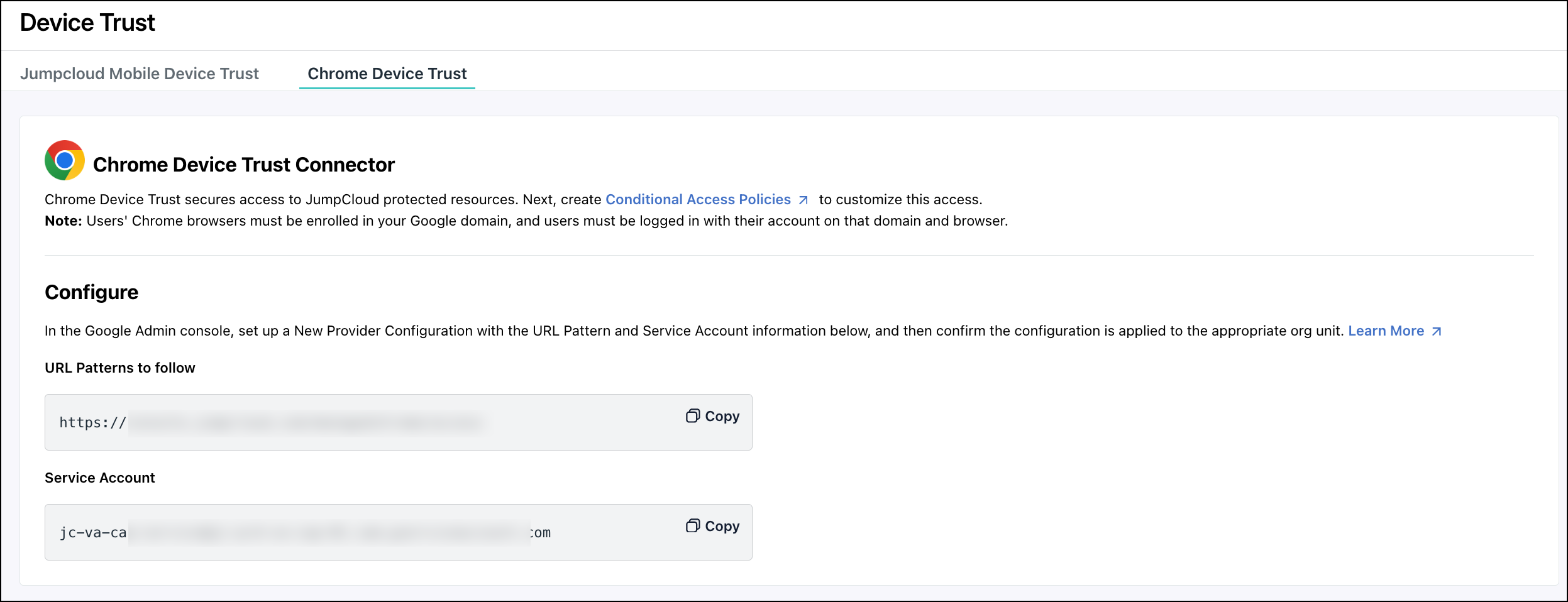 Chrome Device Trust configuration screen in the JumpCloud Admin Portal displaying a URL pattern and service account.