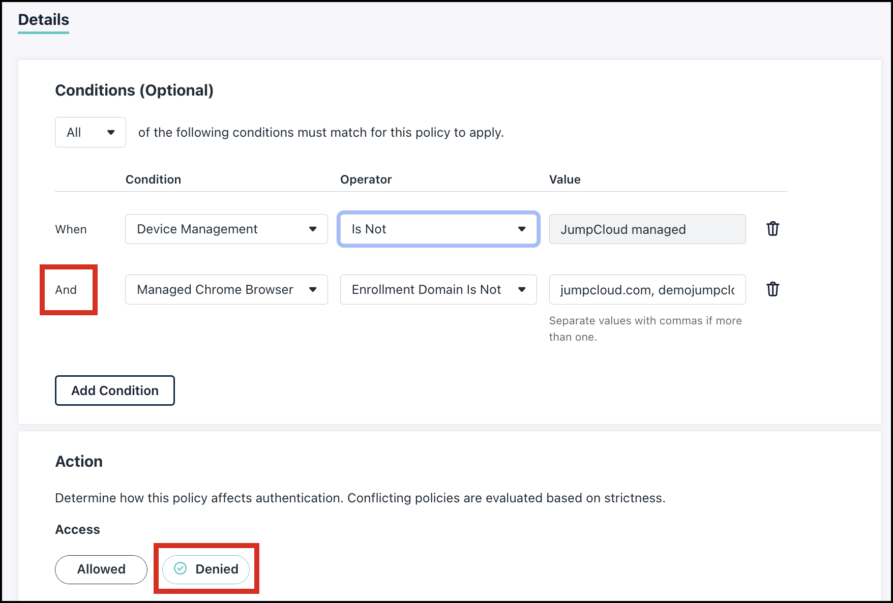 This image displays the conditional access policy set to deny  access for non managed devices and non managed browser profiles.
