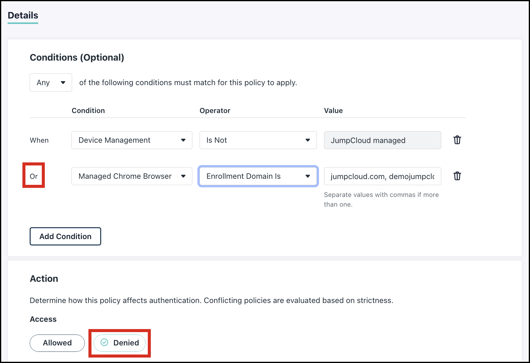 This image shows the conditional access policy settings for managed devices.
