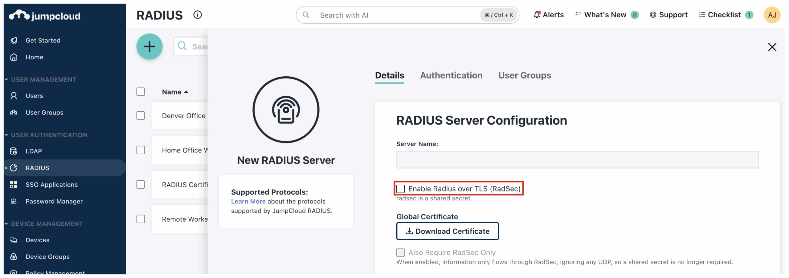 A screenshot showing RADIUS configuration on JumpCloud Admin Portal.