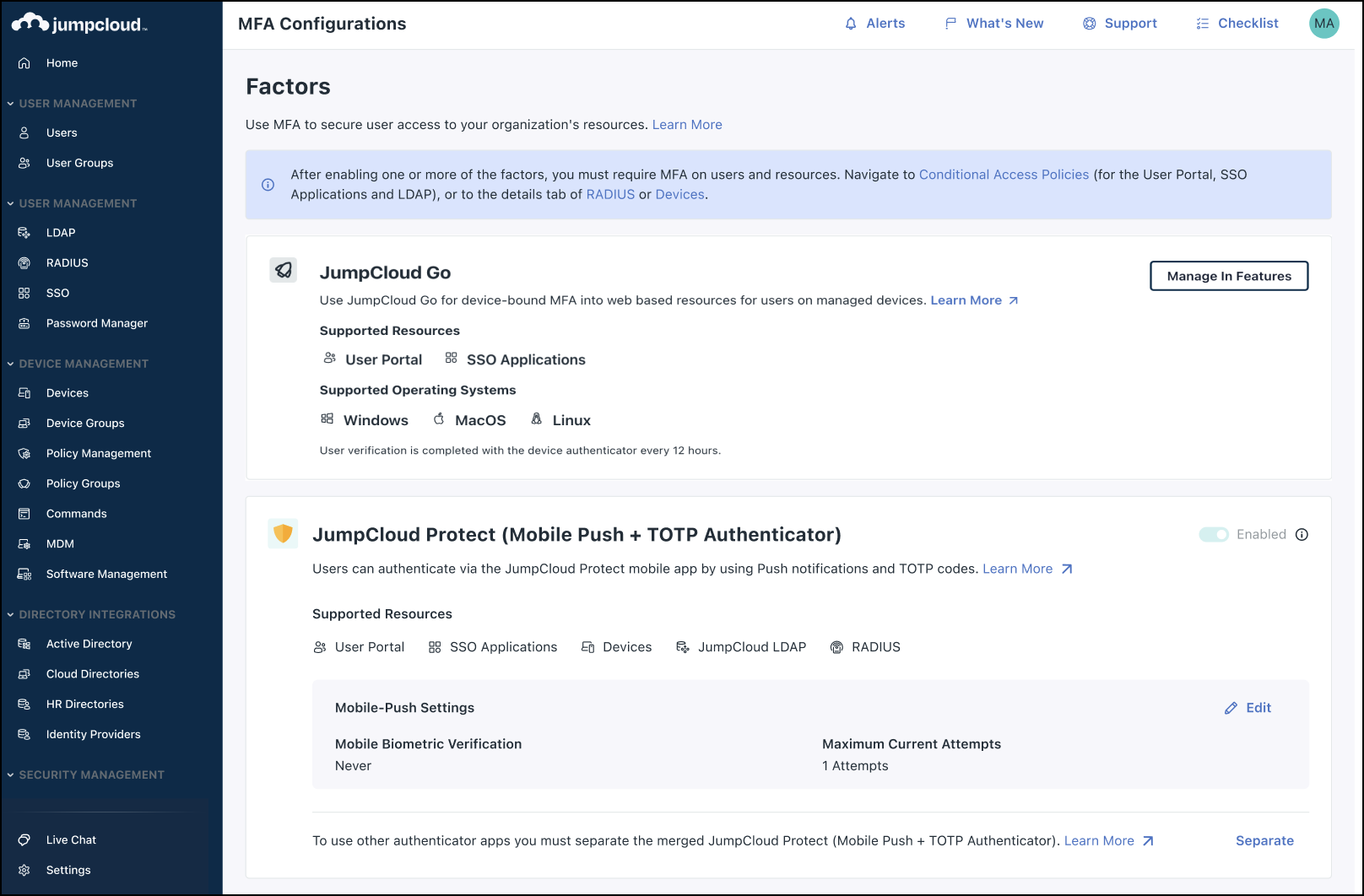 A screen showing MFA Configurations settings in JumpCloud Admin portal.