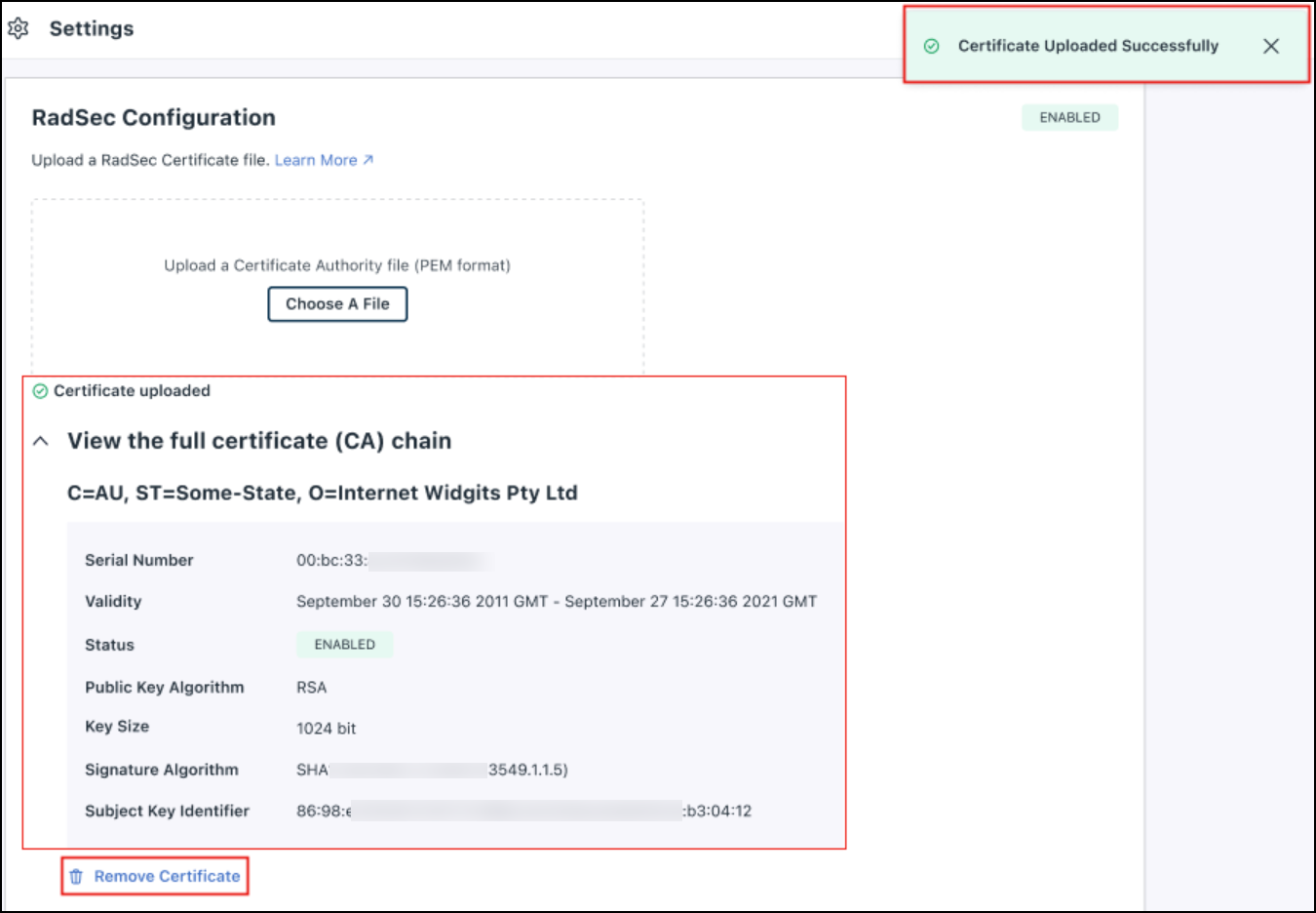RadSec Configuration window showing a successfully uploaded certificate with its full CA chain details.
