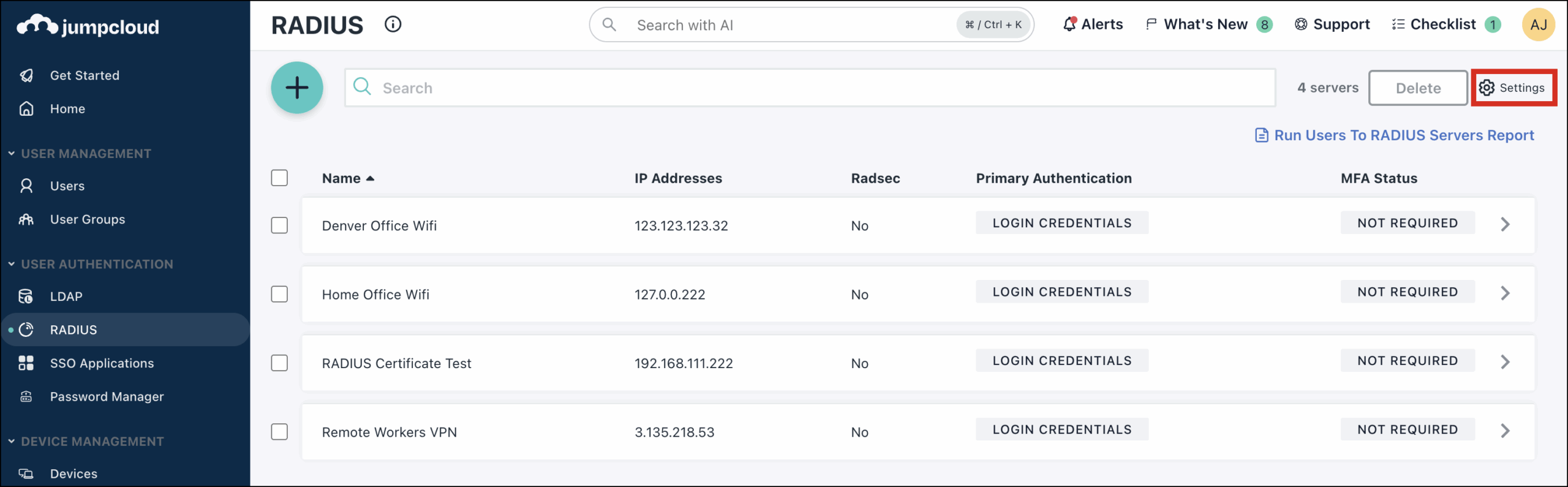 A screenshot showing the RADIUS page in Jumpcloud Admin Portal.