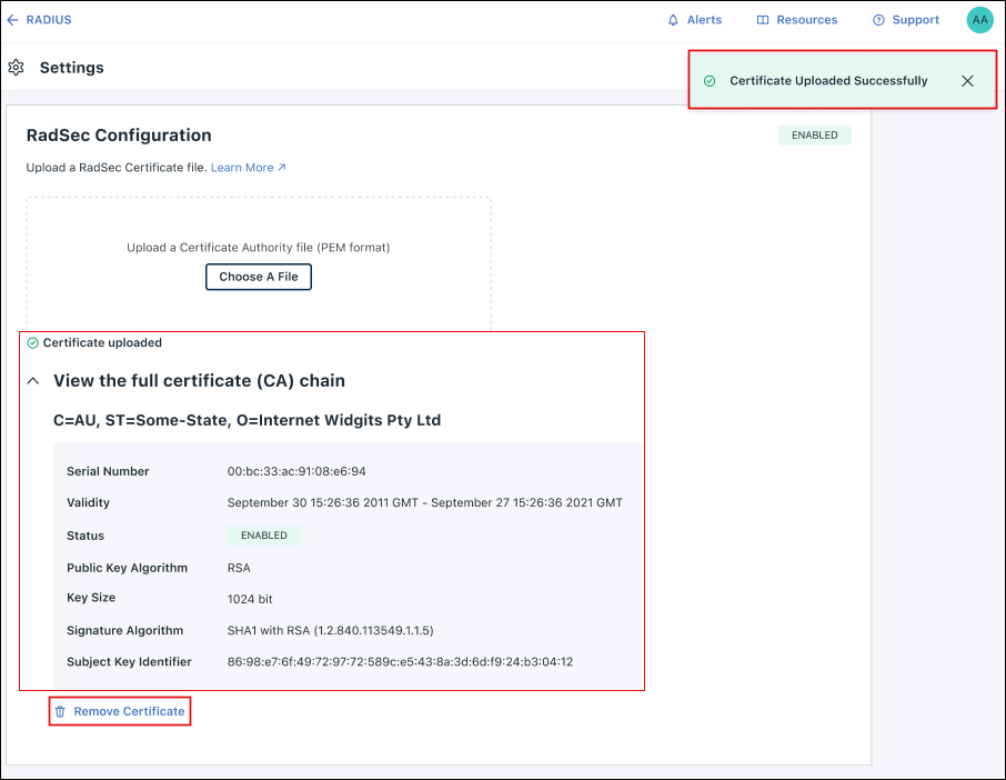 A screenshot showing RadSec Configuration page on JumpCloud Admin Portal.
