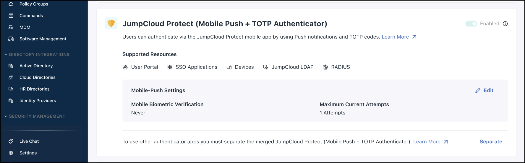 A screen showing Unified MFA settings in JumpCloud Admin Portal.