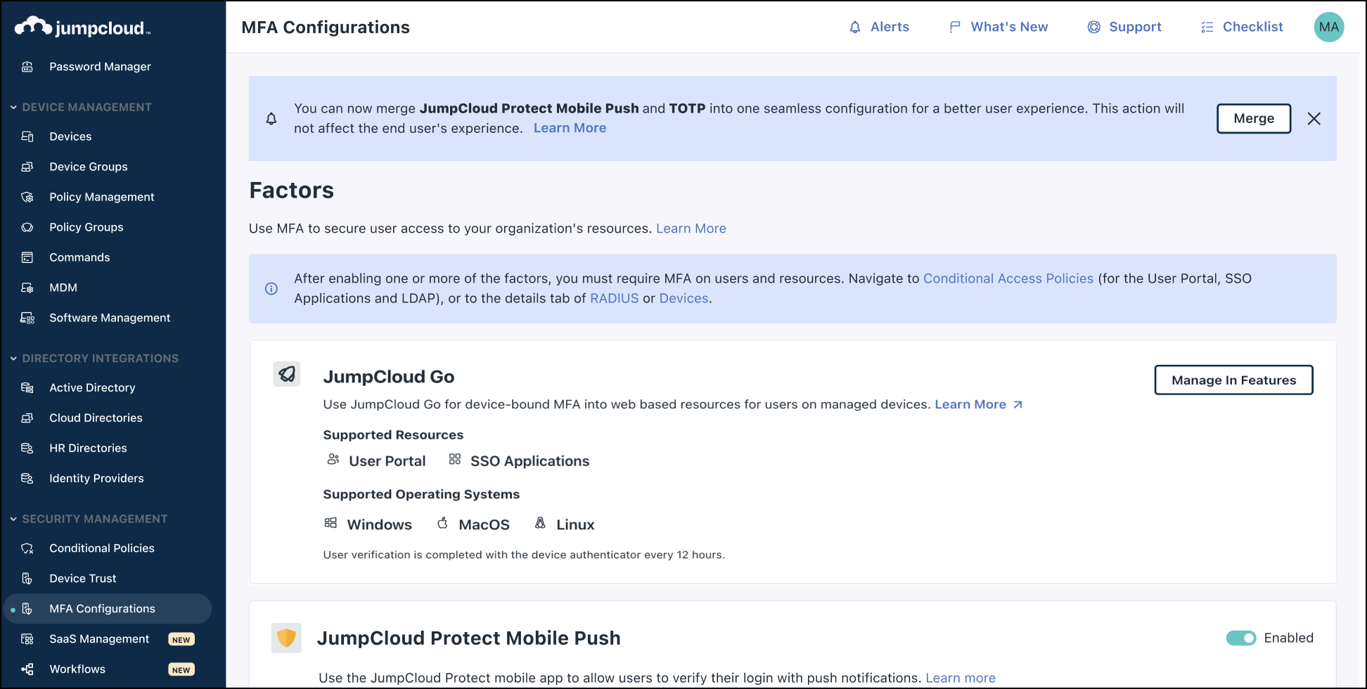 A screen showing MFA Configurations screen in JumpCloud Admin portal.