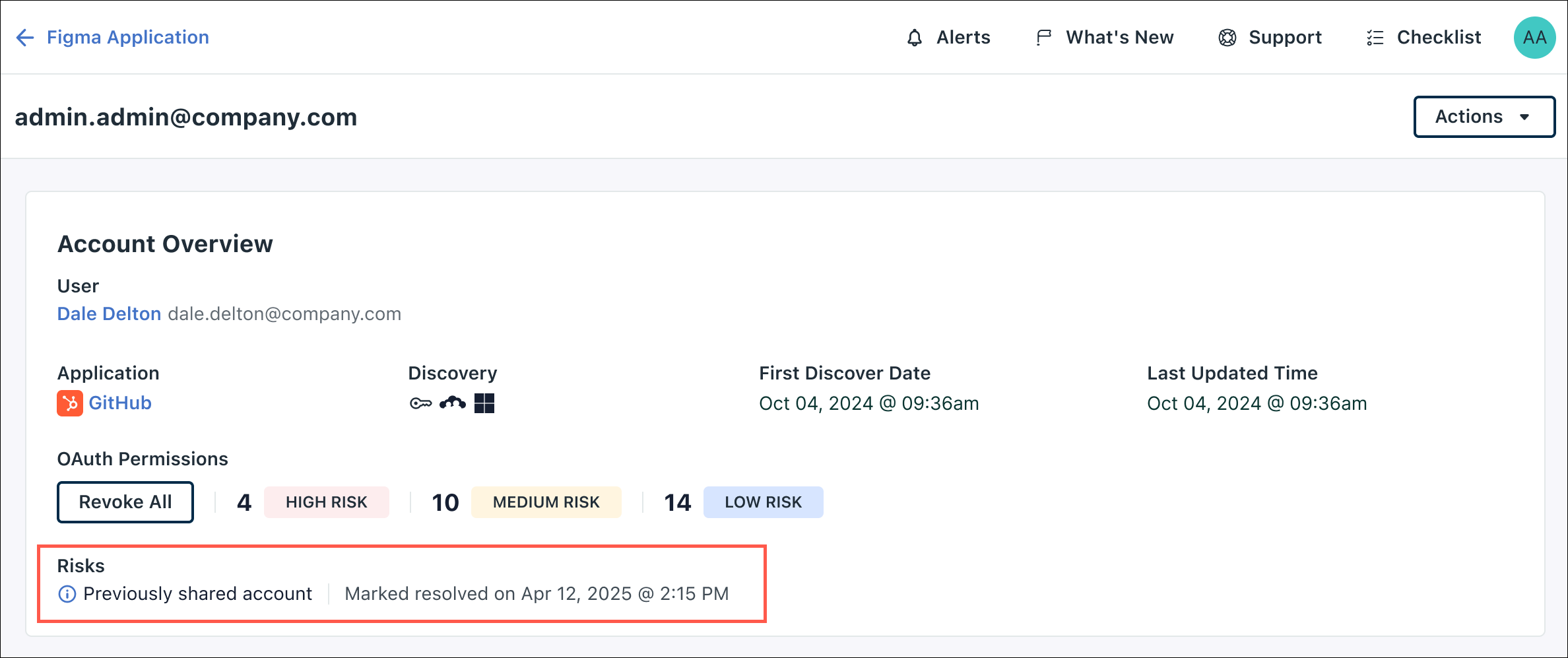 View of the accounts tab when a Shared Account risk is marked as resolved. 