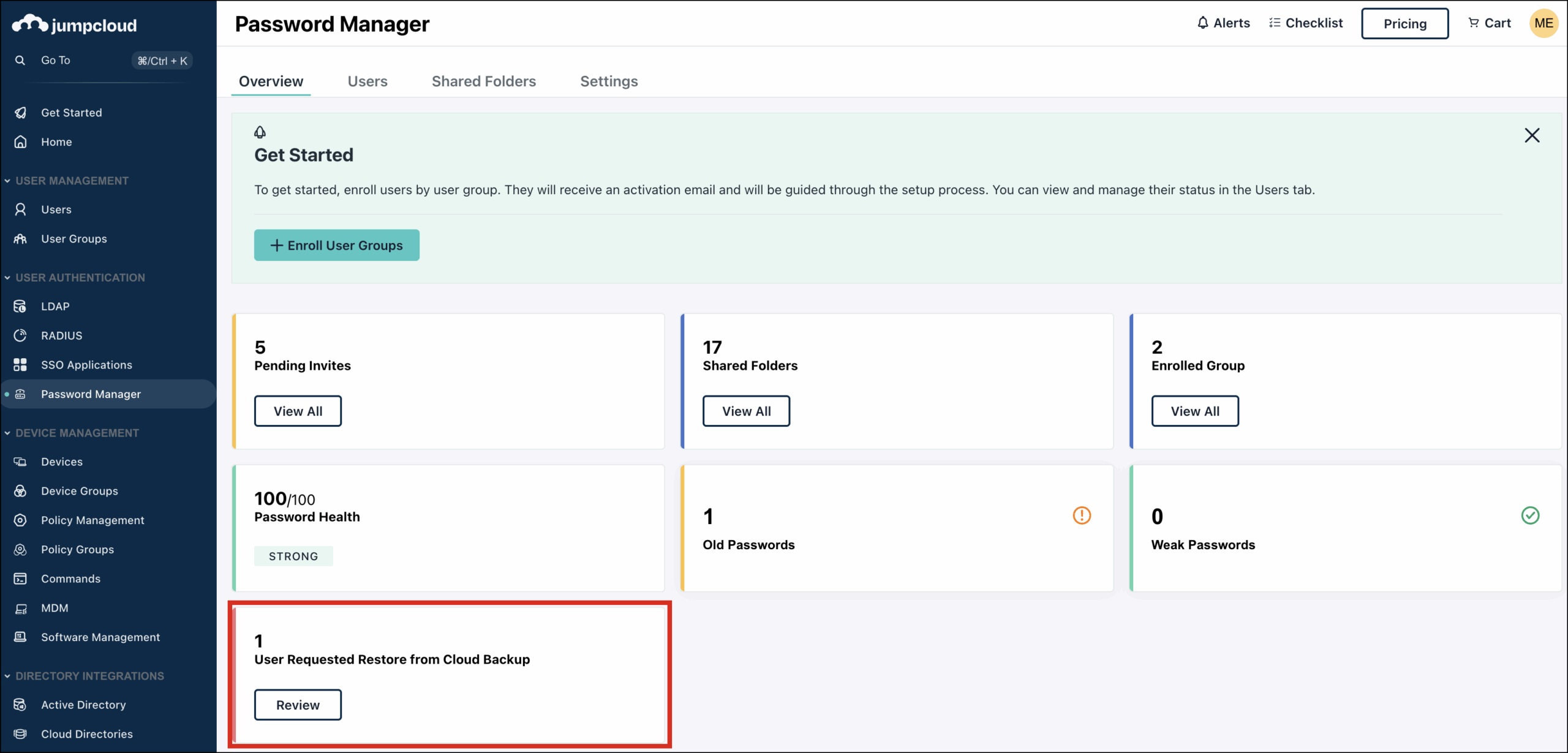 A screenshot showing password manager overview section in admin portal.