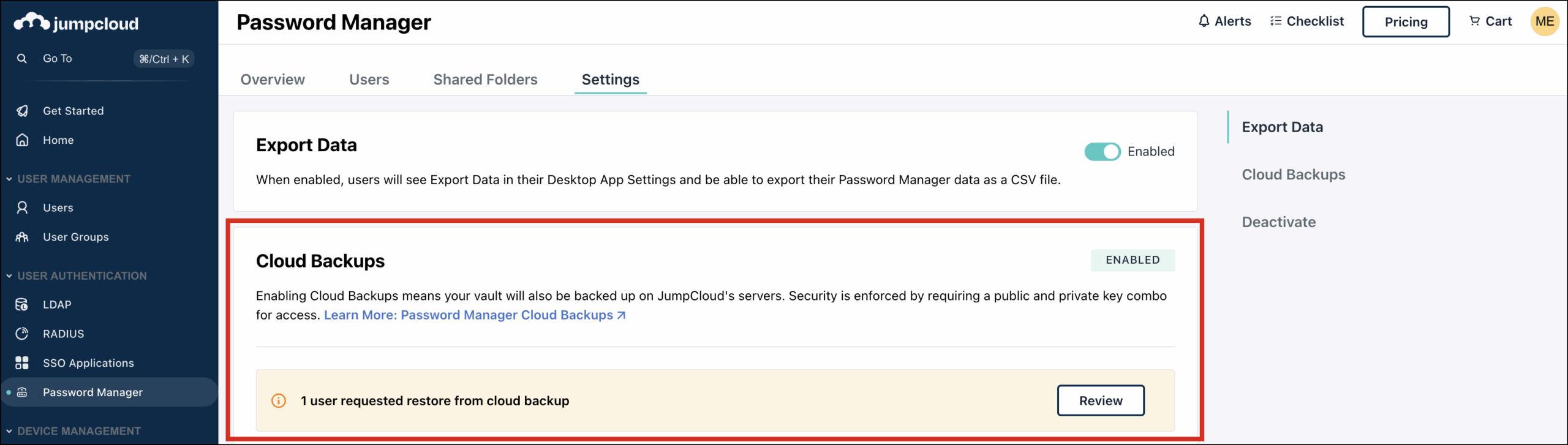 A screenshot showing password manager Settings section in admin portal.