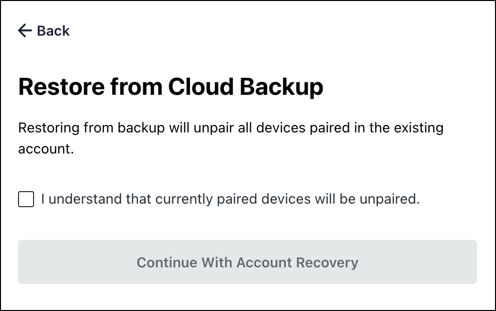 A screenshot showing the 'Restore from Cloud Backup' pop-up.
