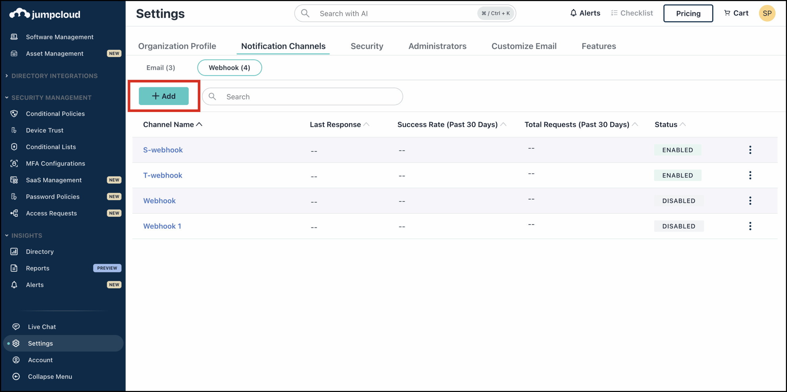 This image displays the Webhooks page with option to Add webhooks.