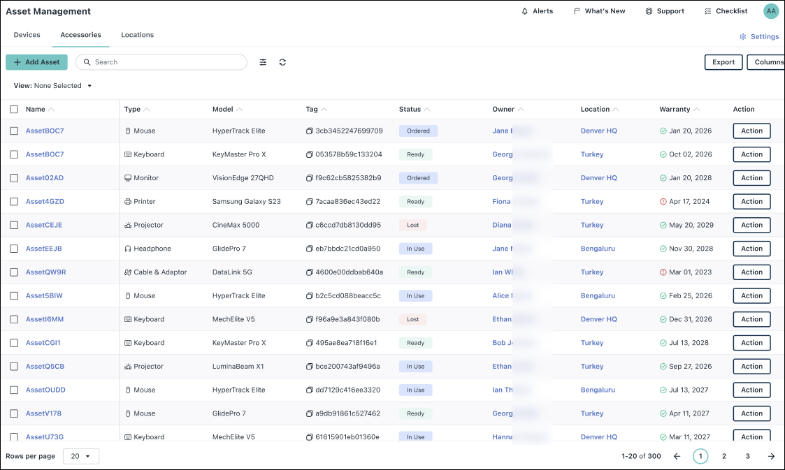 List of accessories  including name, type, model, tag, owner, location, and status in Asset Management in the Admin Portal.