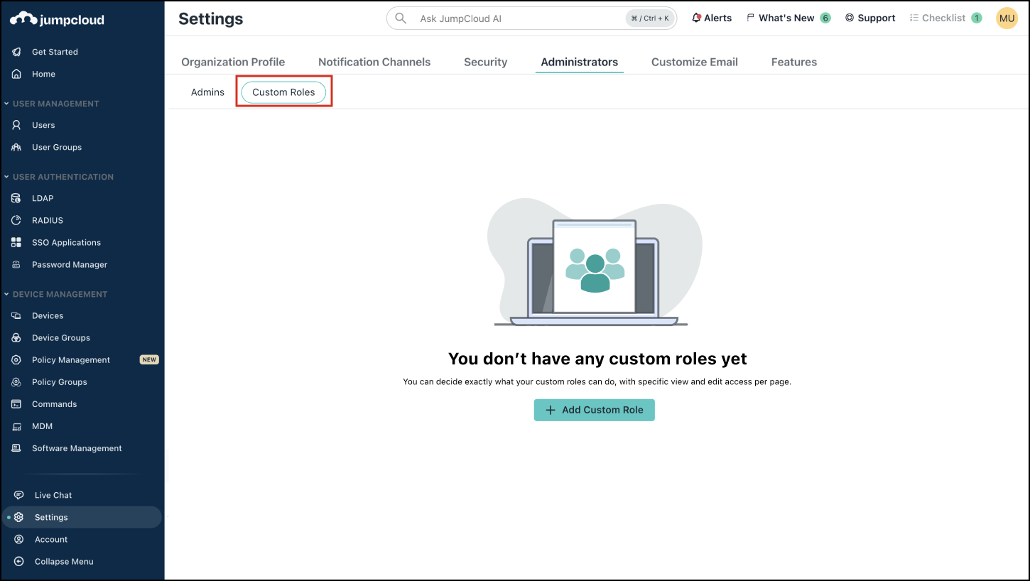 A screenshot showing the Custom roles tab in Settings on Jumpcloud admin portal.