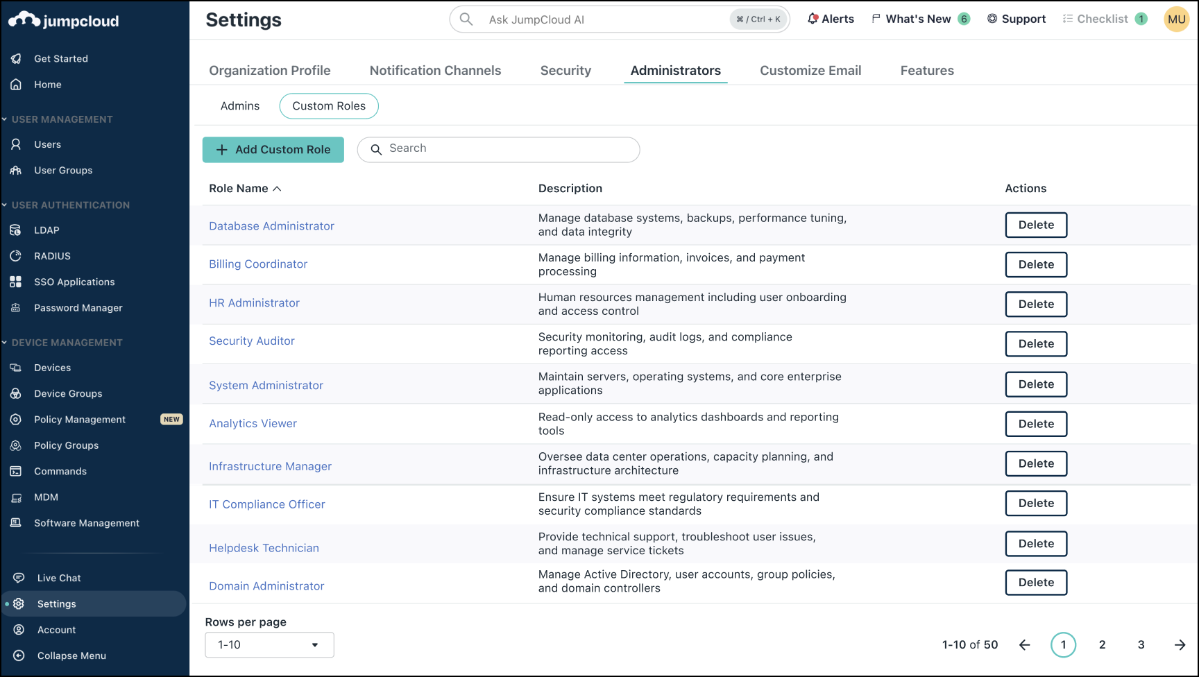 A screenshot showing the list of custom admin roles on JumpCloud Admin portal