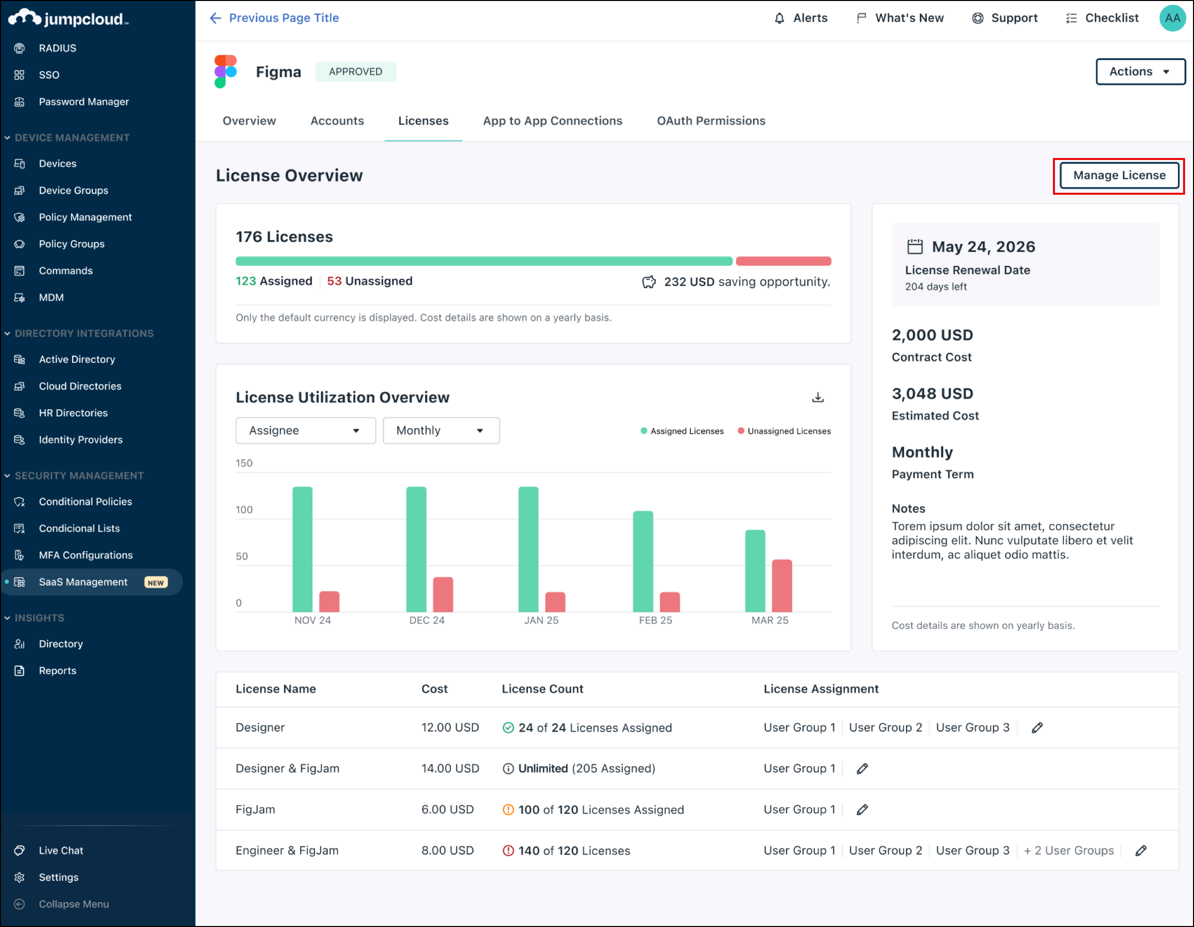 Licenses tab with the Manage License button 
