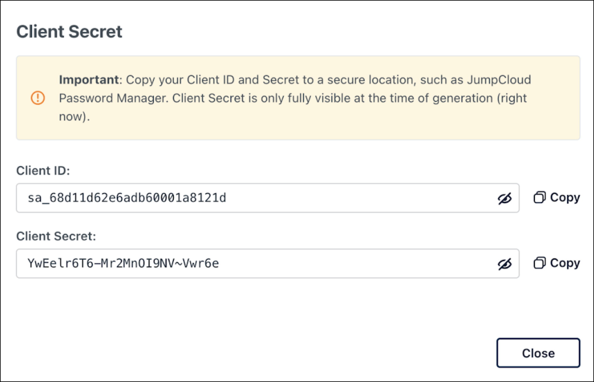 A screenshot showing client ID and client secret of a service account.