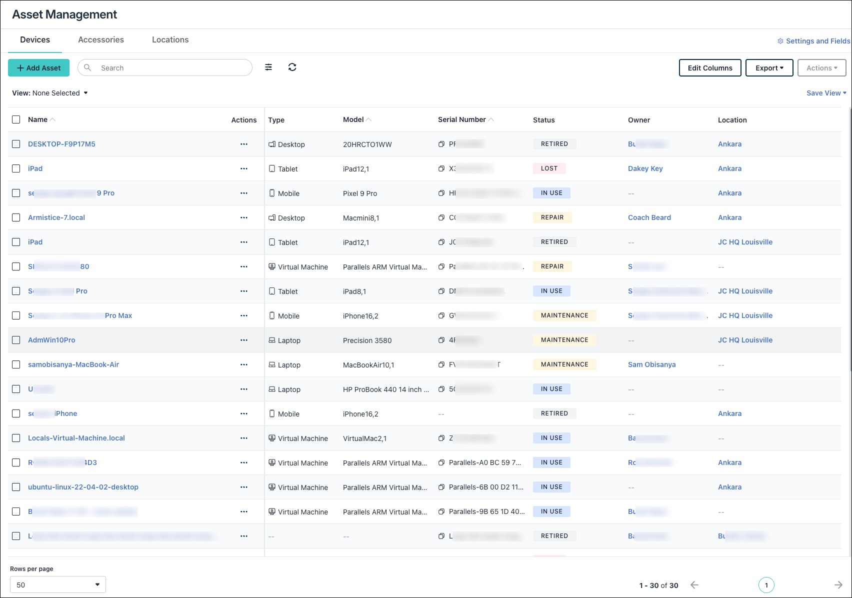 List of devices including name, type, model, and status in Asset Management in the Admin Portal.