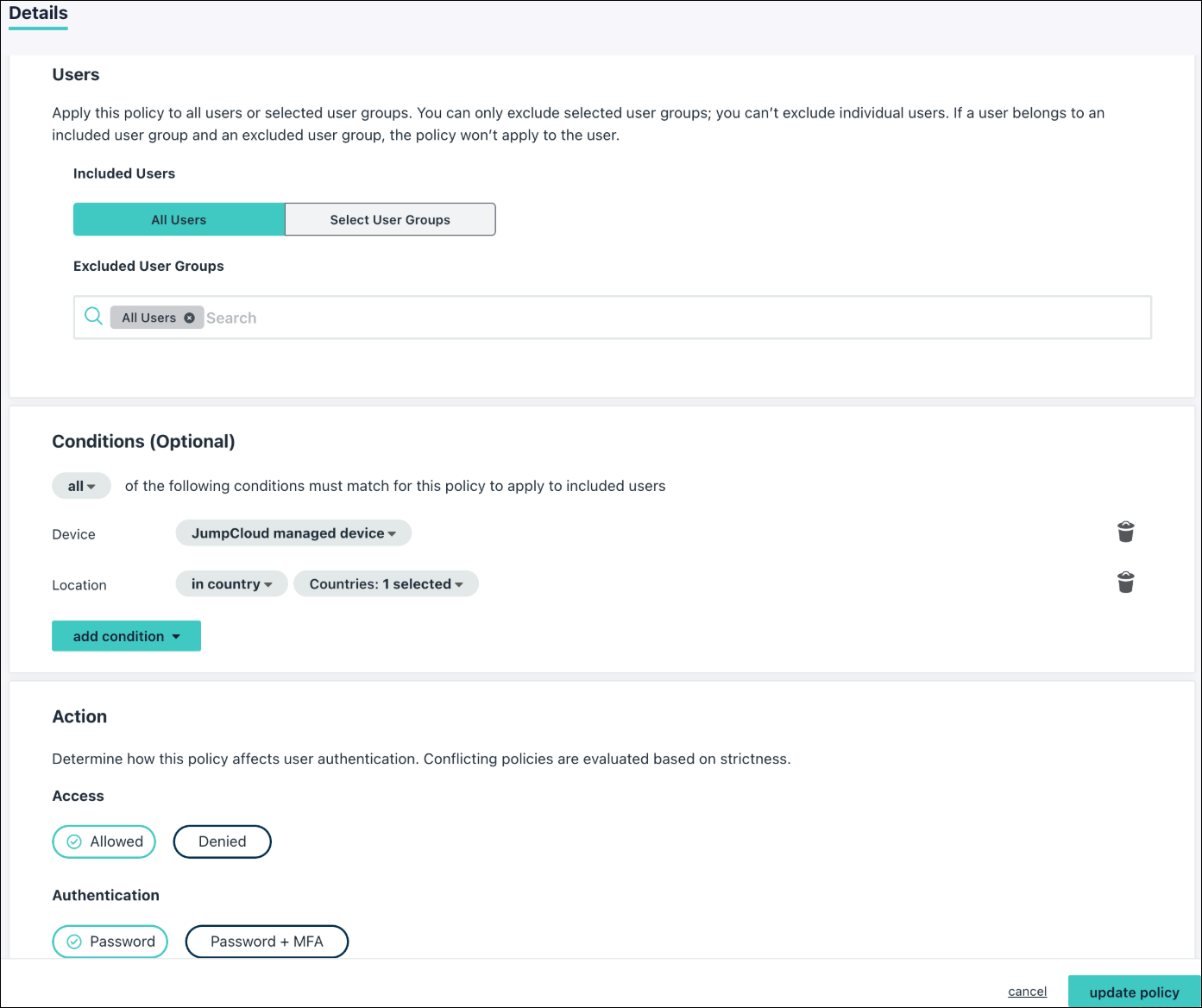 Creating the Conditional Access Policy for Device Trust in JumpCloud.