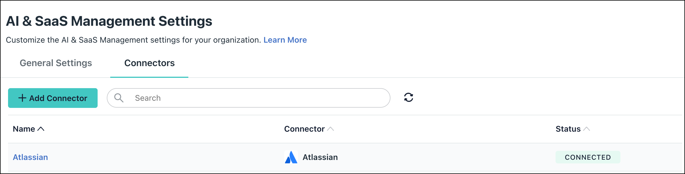 JumpCloud AI & SaaS Management Settings Connectors tab, showing the list of active SaaS connectors, with Atlassian displayed in a CONNECTED status.