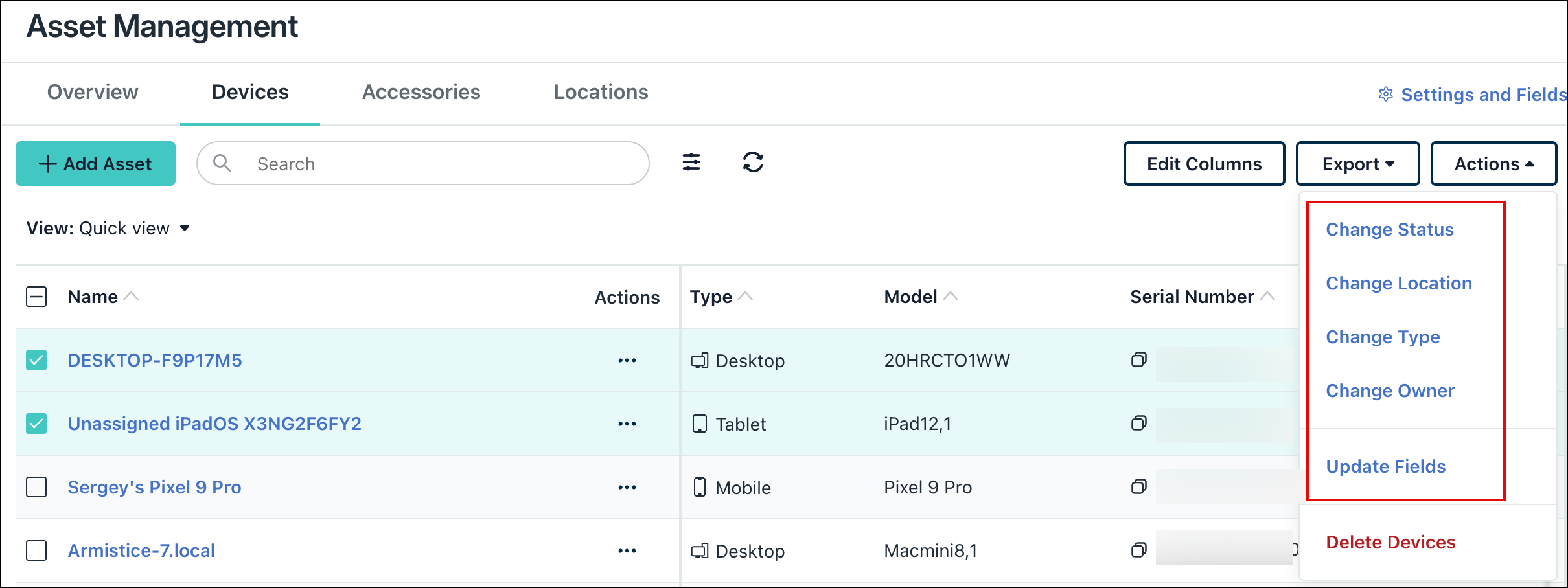 JumpCloud Asset Management Devices tab showing multiple selected devices and the Actions menu with options to Change Status, Change Location, Change Type, Change Owner, or Update Fields in bulk.