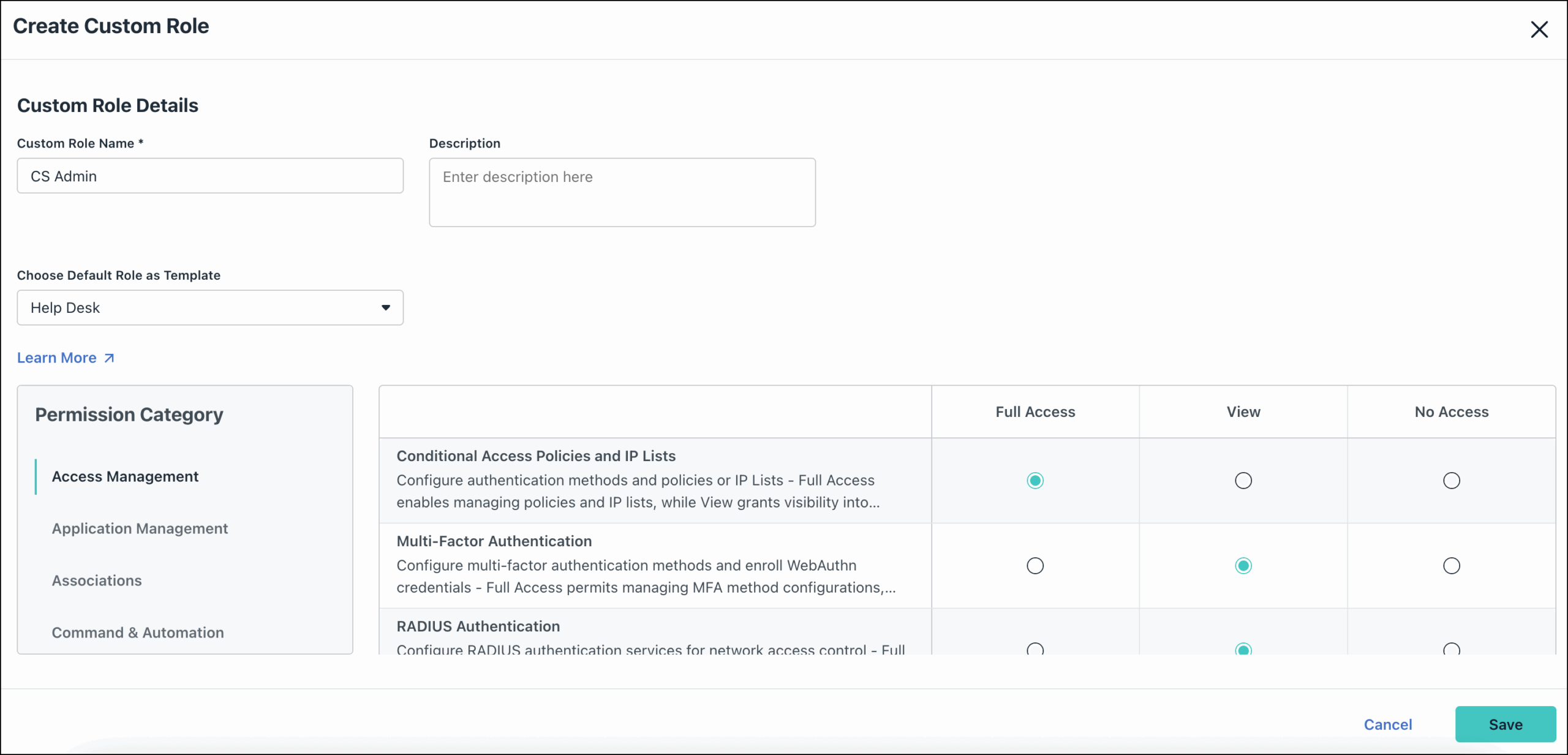 A screenshot showing custom role categories in JumpCloud Admin portal.