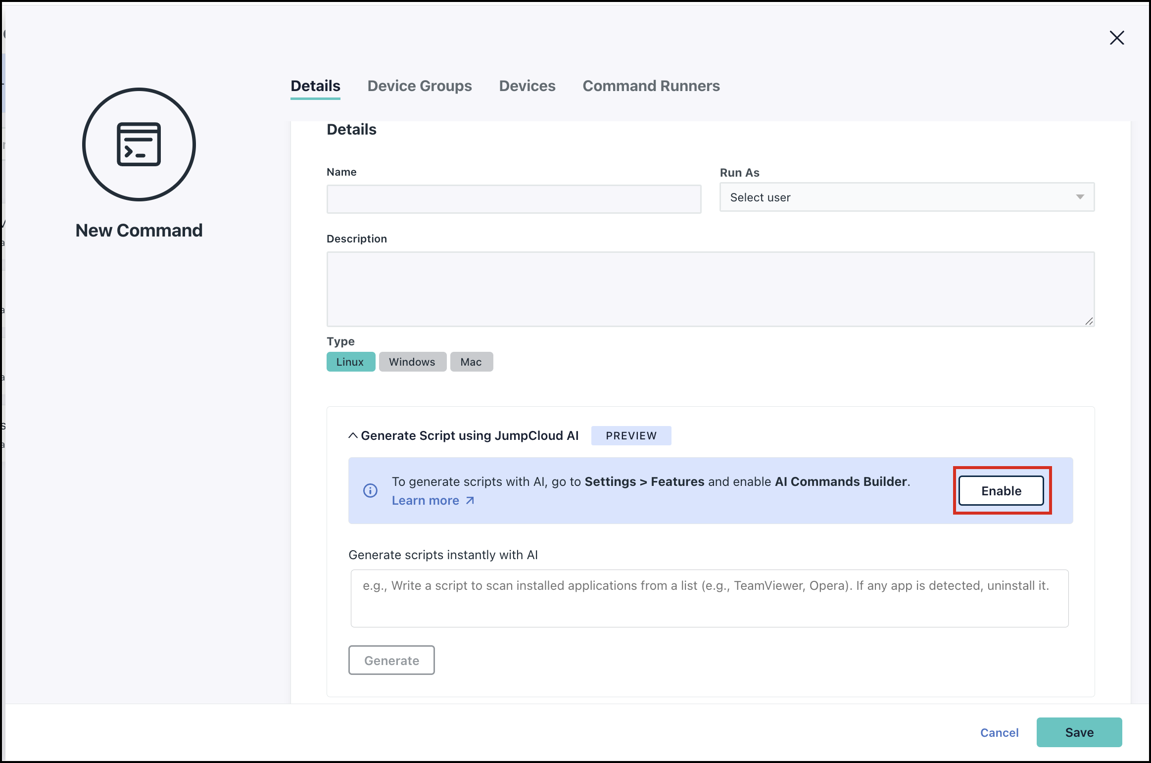 This image displays the Commands page with the Enable button highlighted.