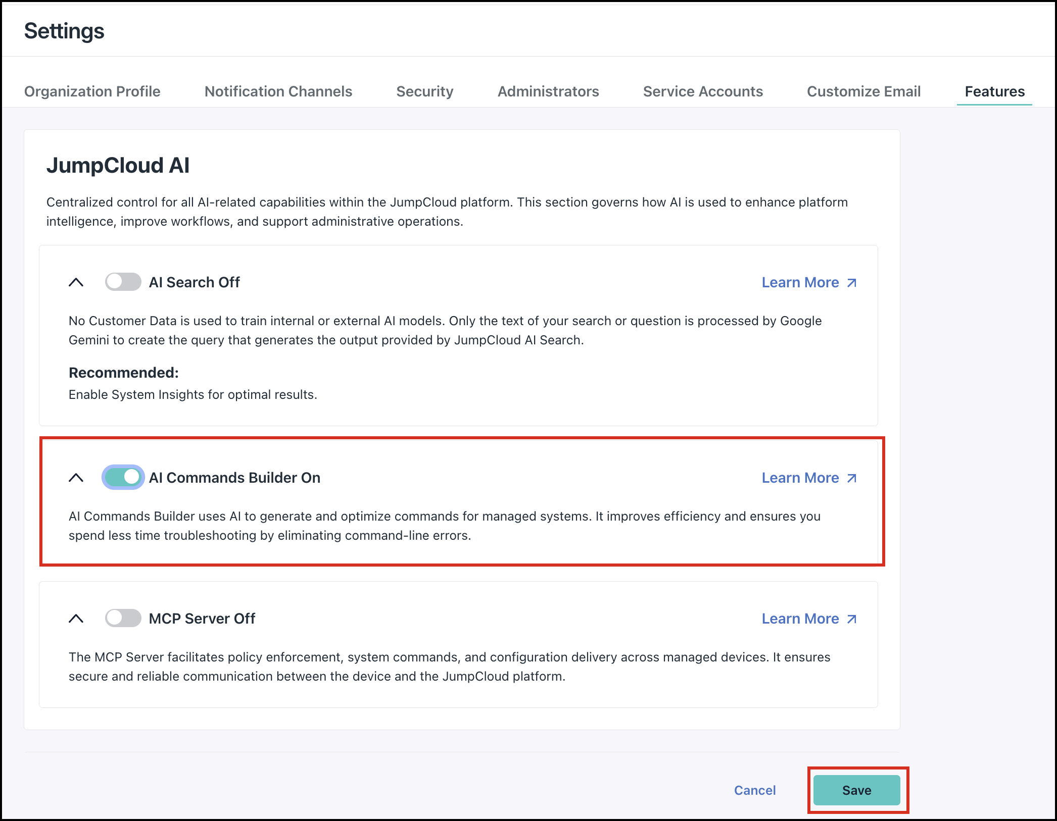 This image shows the Settings page with JumpCloud AI section.