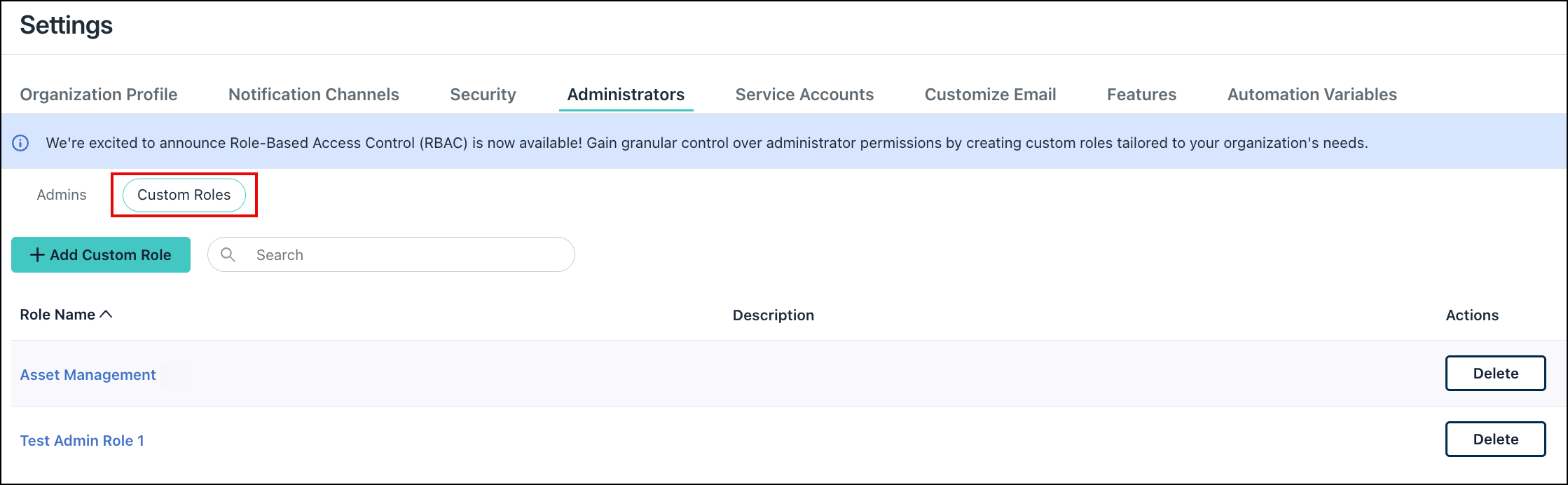 JumpCloud Settings page showing the Administrators section with the Custom Roles tab highlighted.