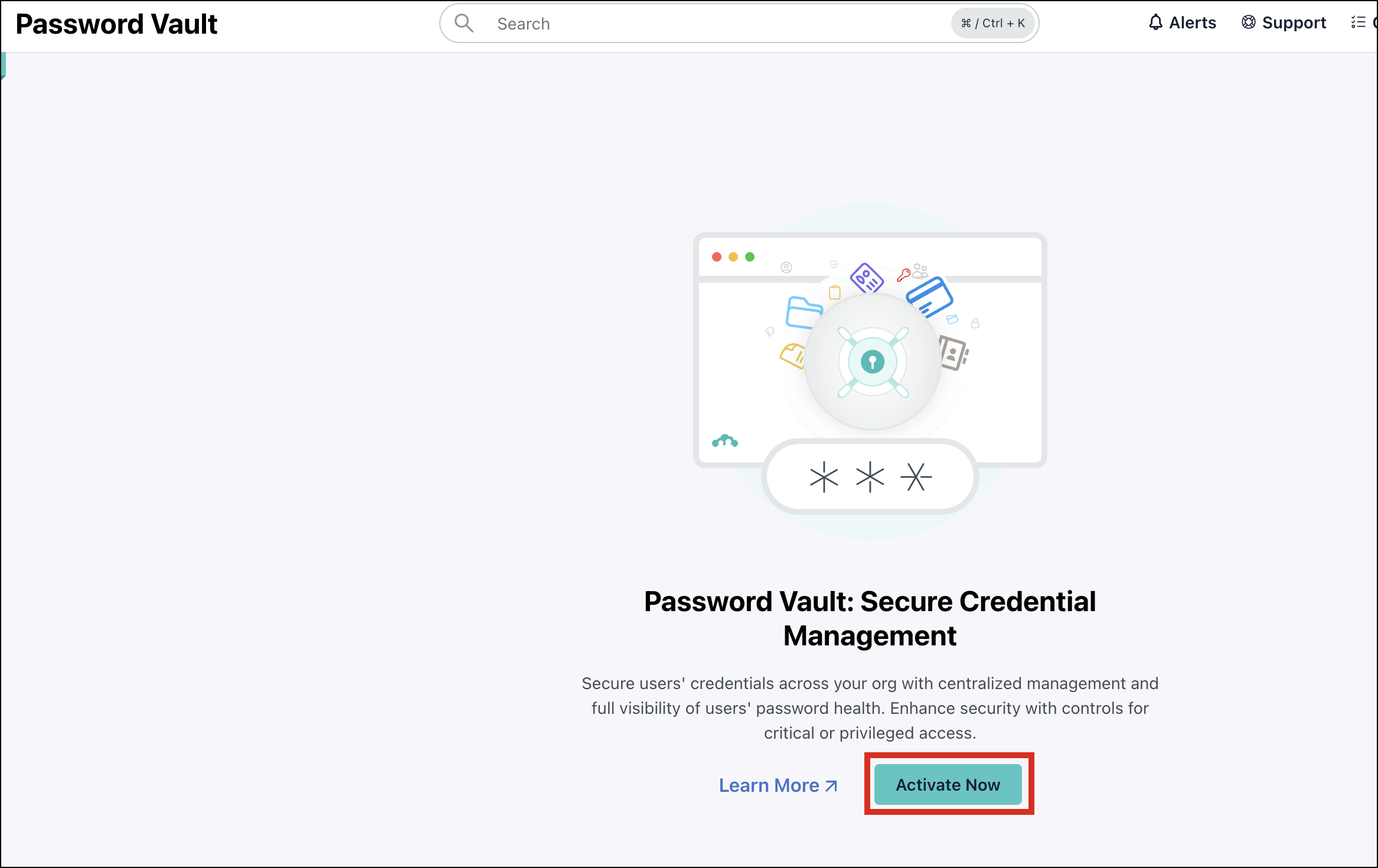 A screenshot showing the Activate Now button for JumpCloud VaultOne Password Manager on JumpCloud Admin Portal