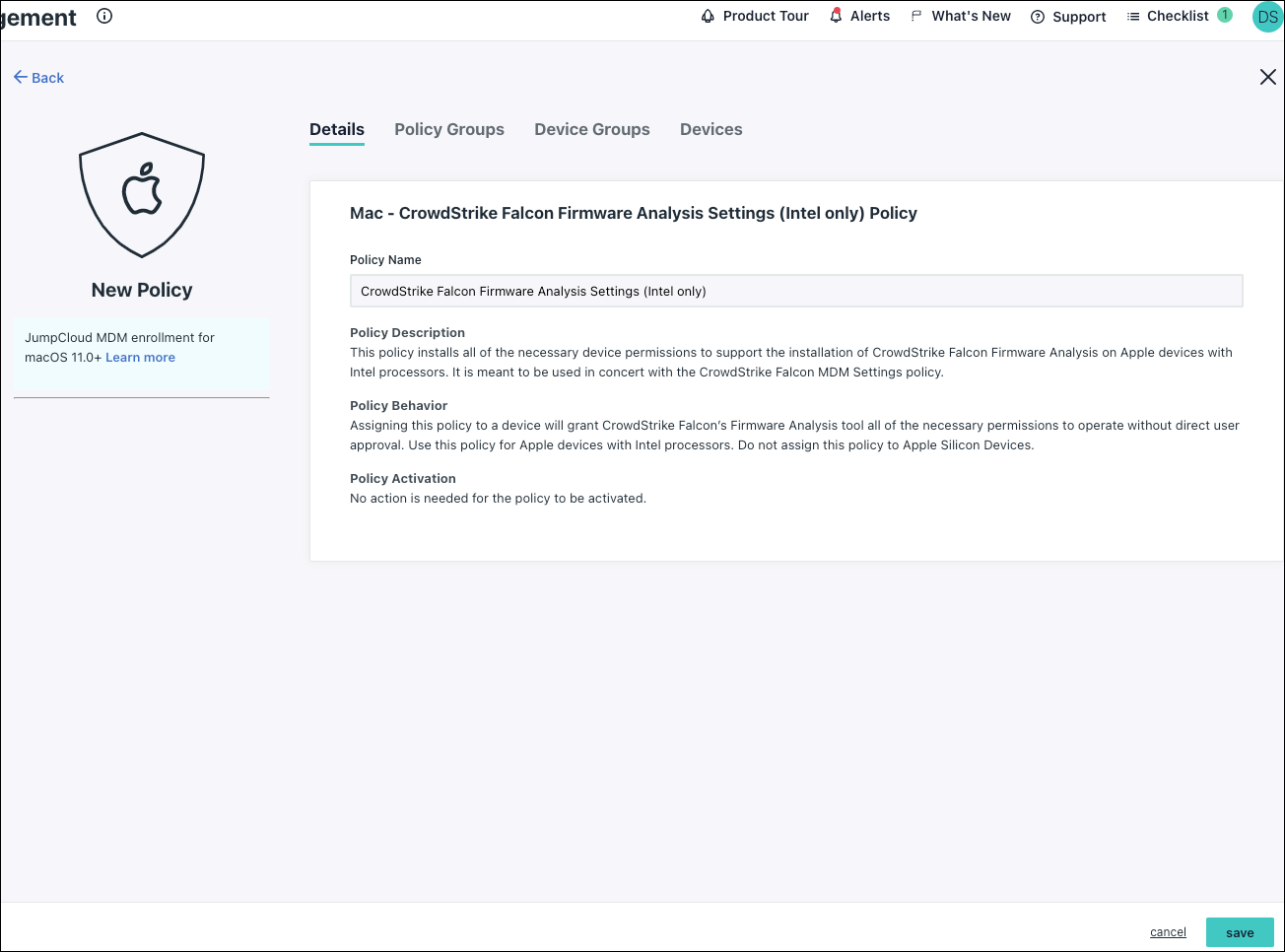 A screenshot showing New CrowdStrike policy details.