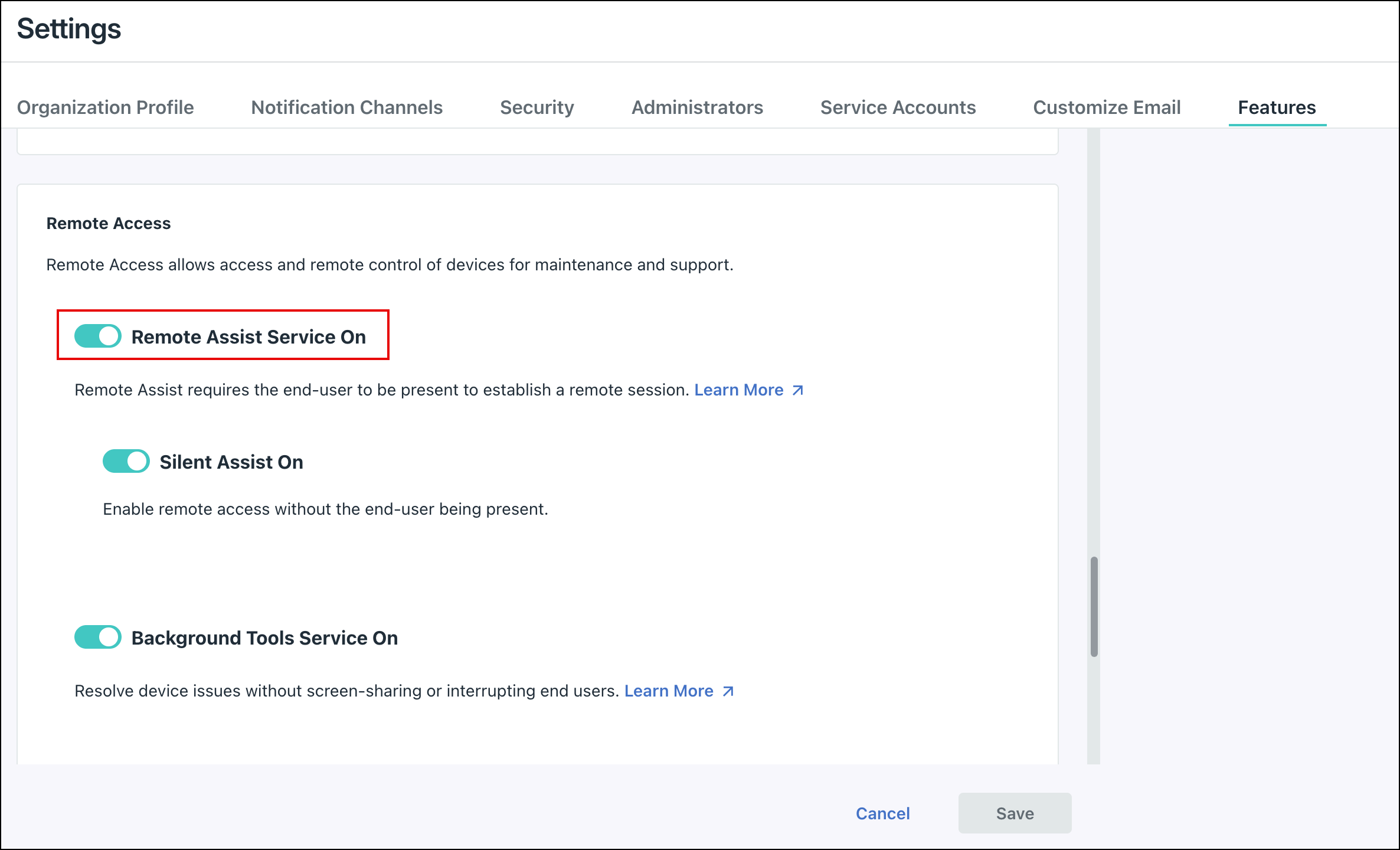 JumpCloud Settings Features tab showing Remote Assist toggles.