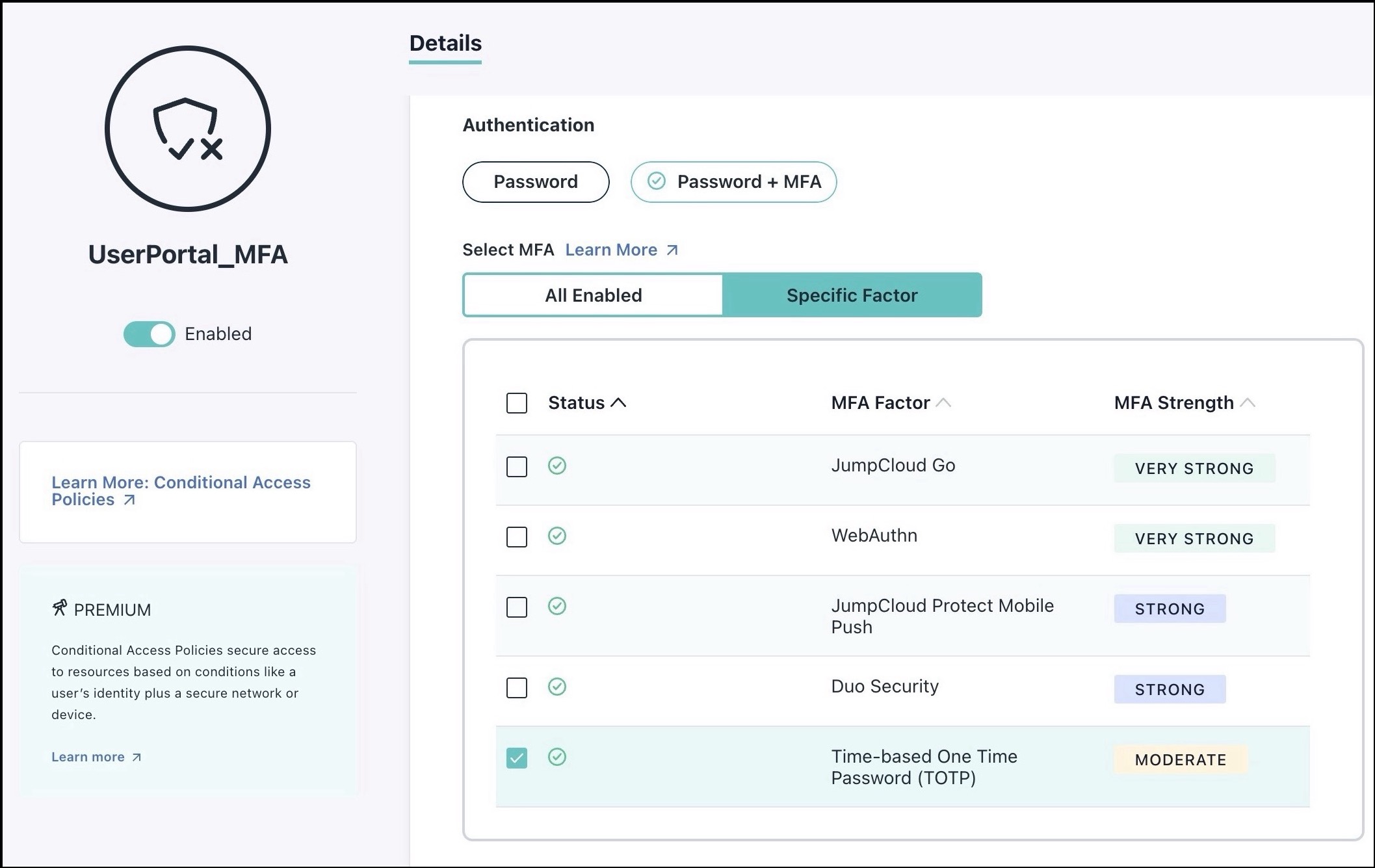 A screen showing available MFA methods in conditional access policies.