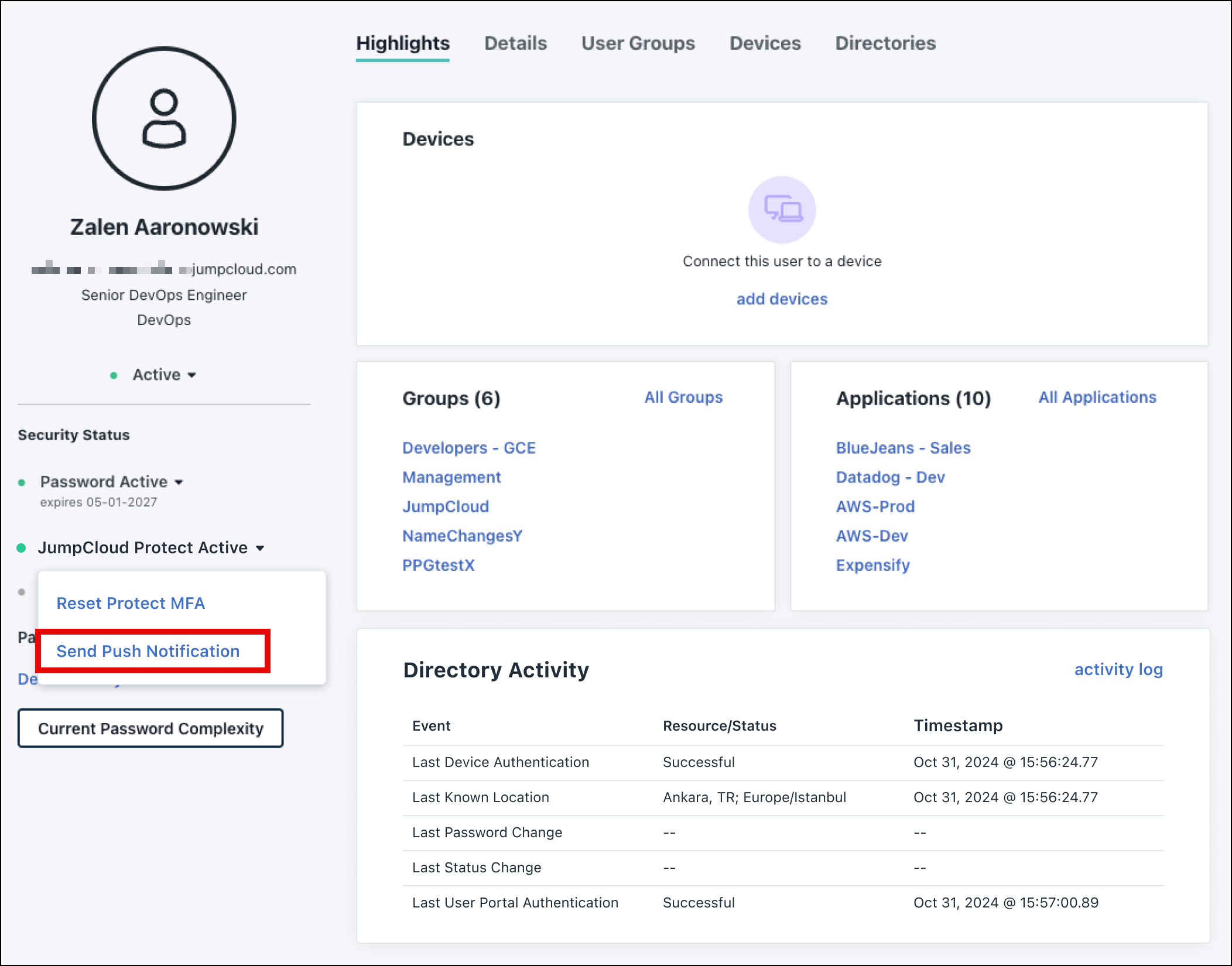 A screenshot showing User Highlights in JumpCloud Admin portal.