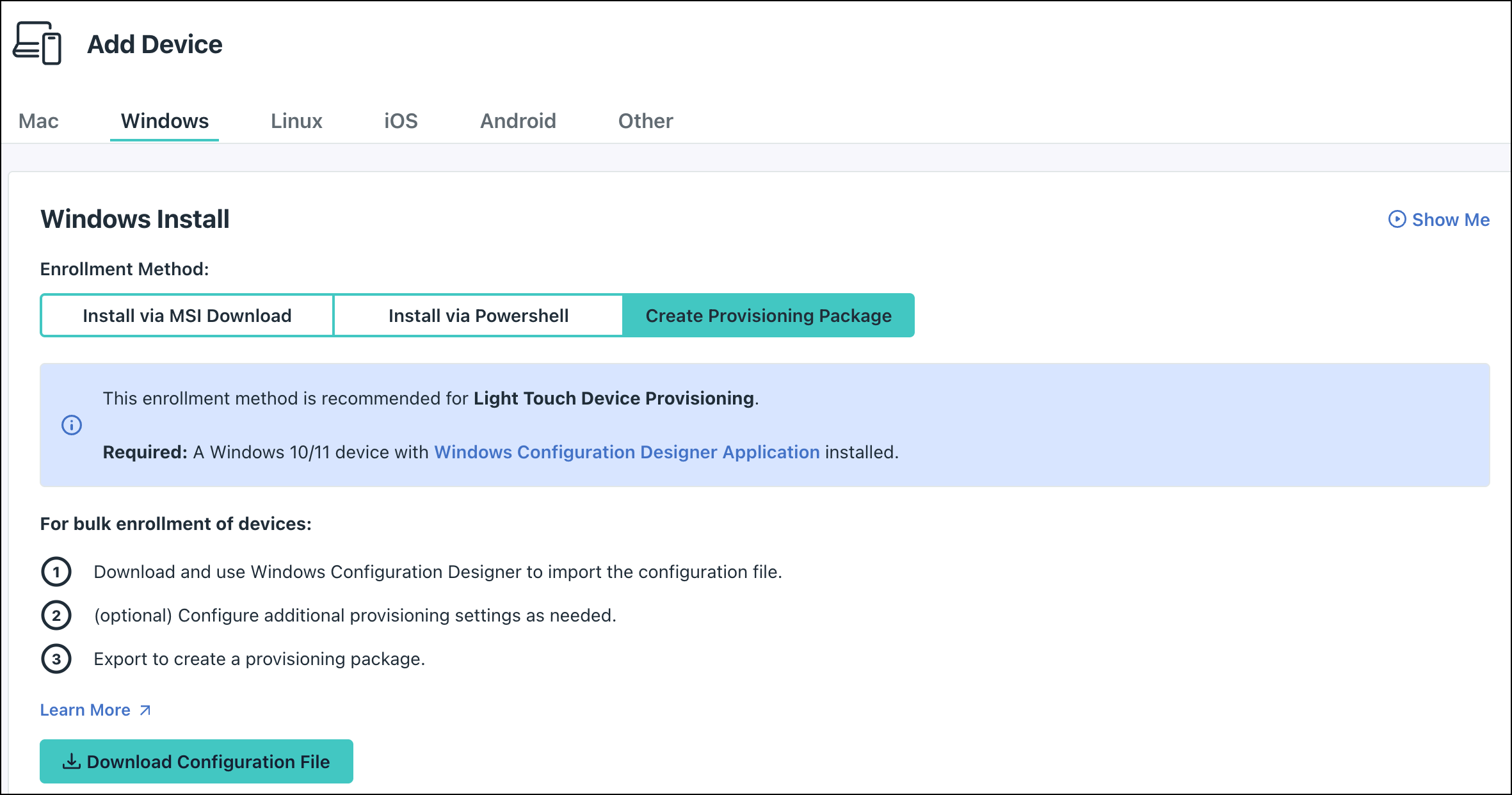 JumpCloud Add Device Windows Install screen with Provisioning Package method selected.