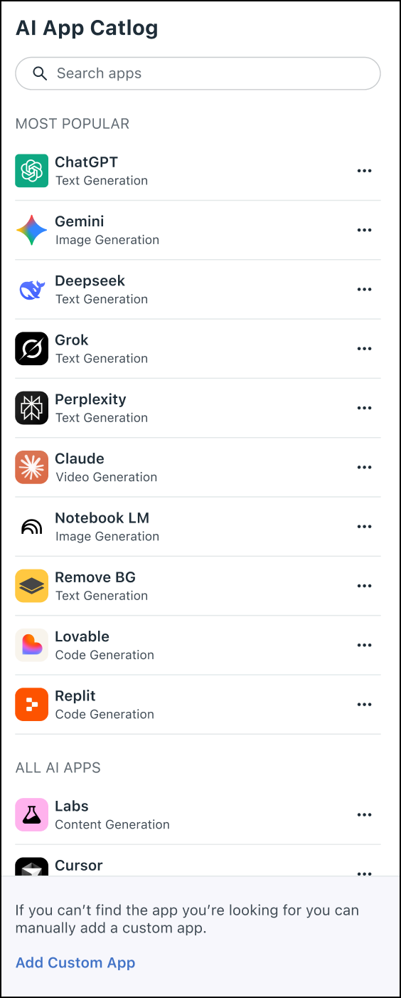 JumpCloud AI & SaaS Management AI App Catalog listing popular generative AI applications like ChatGPT, Gemini, Grok, and Claude, categorized by function (Text Generation, Image Generation, etc.).