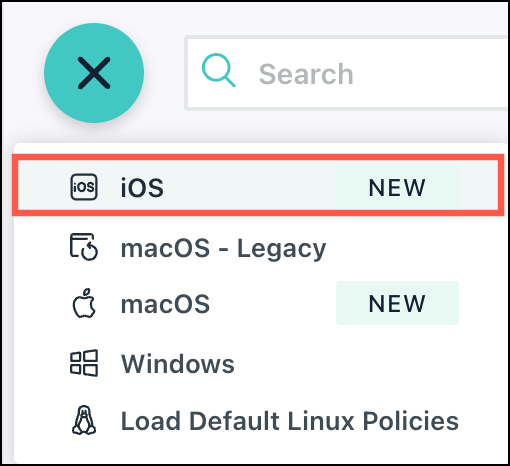 Clicking (+) to add a patch policy shows the list of available platforms, iOS, macOS, Linux, and Windows.