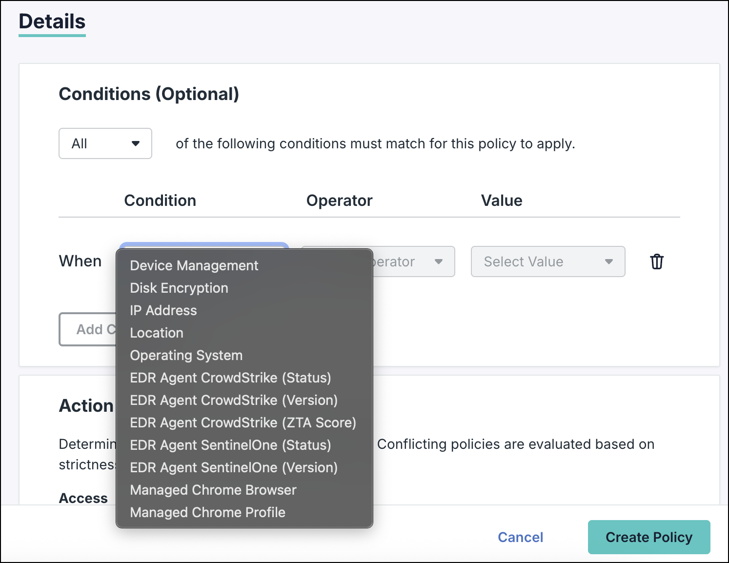 A screenshot showing conditions by device health postures