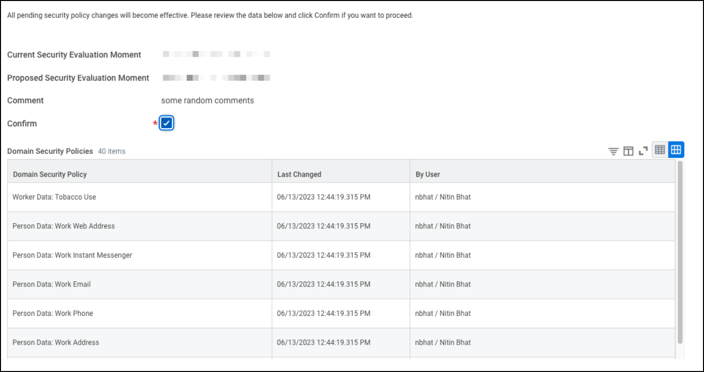 Workday confirmation screen for activating pending security policy changes, listing specific domains such as Worker Data and Person Data.